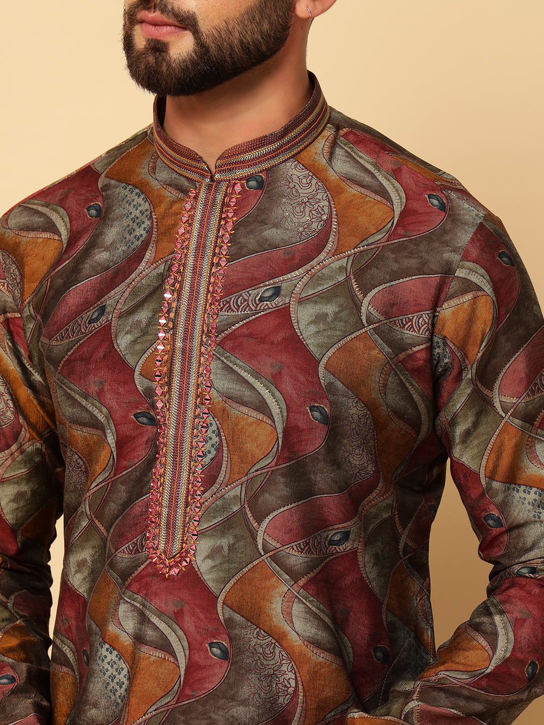 Magnet Men's Marron Printed Kurta Set