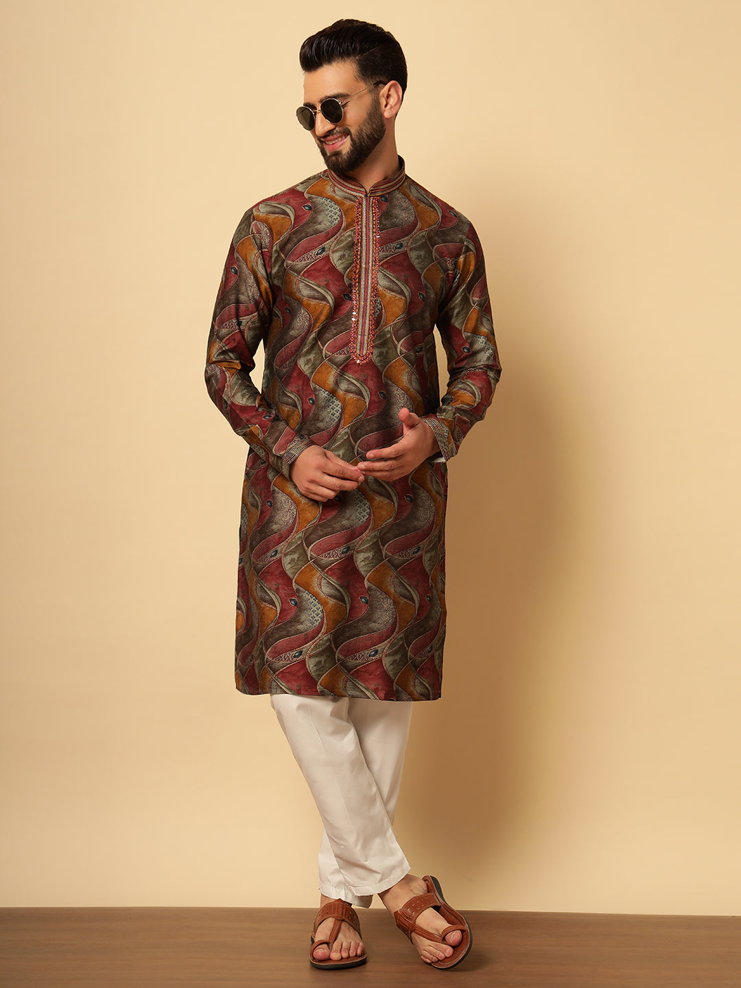 Magnet Men's Marron Printed Kurta Set