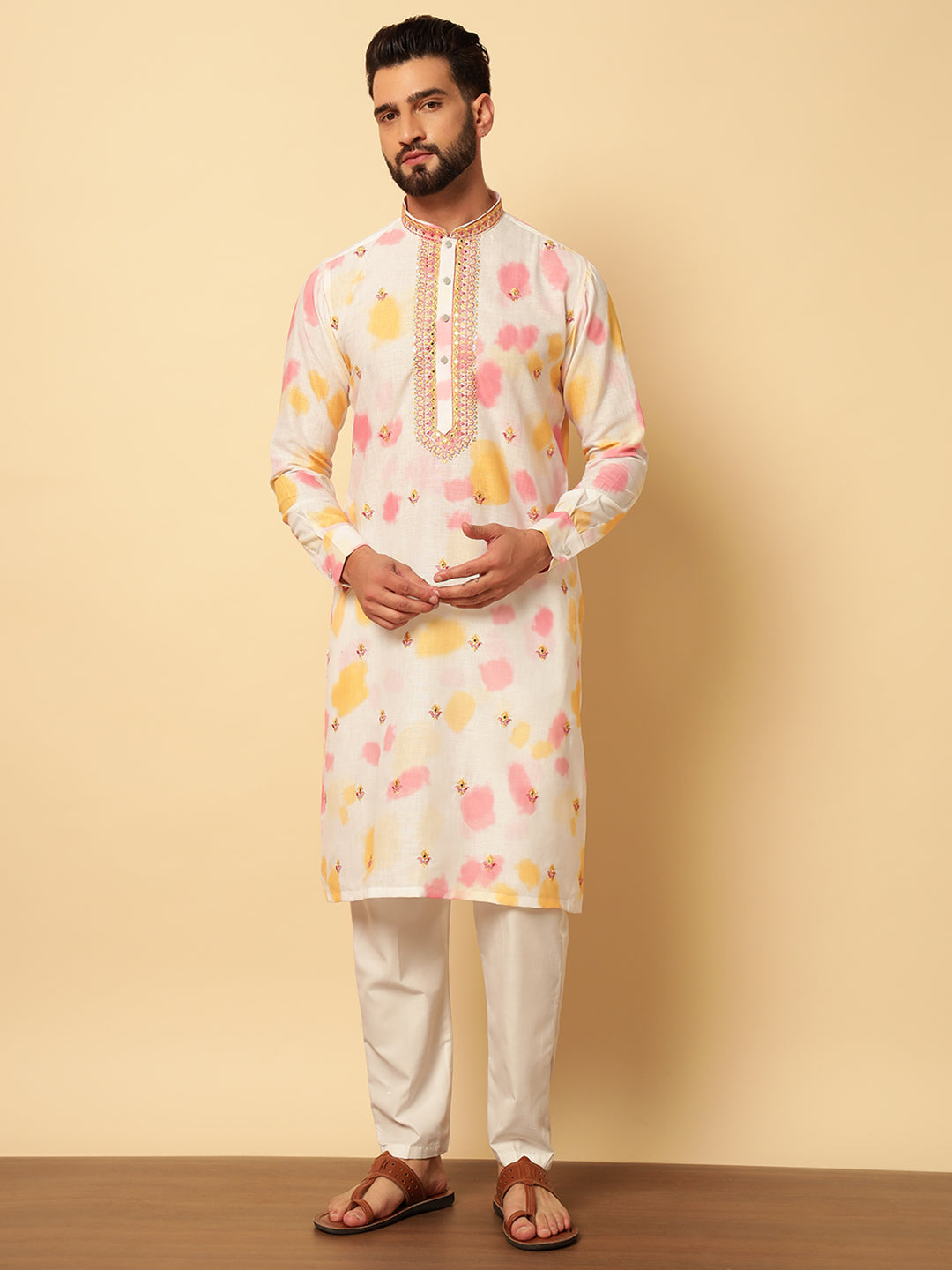 Magnet Men's Embroidered Multi Print Kurta Trouser Set