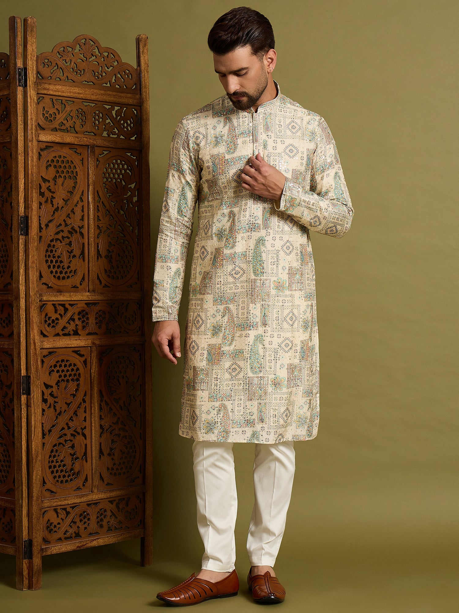 Off White Lucknowi Printed Kurta Trouser Set
