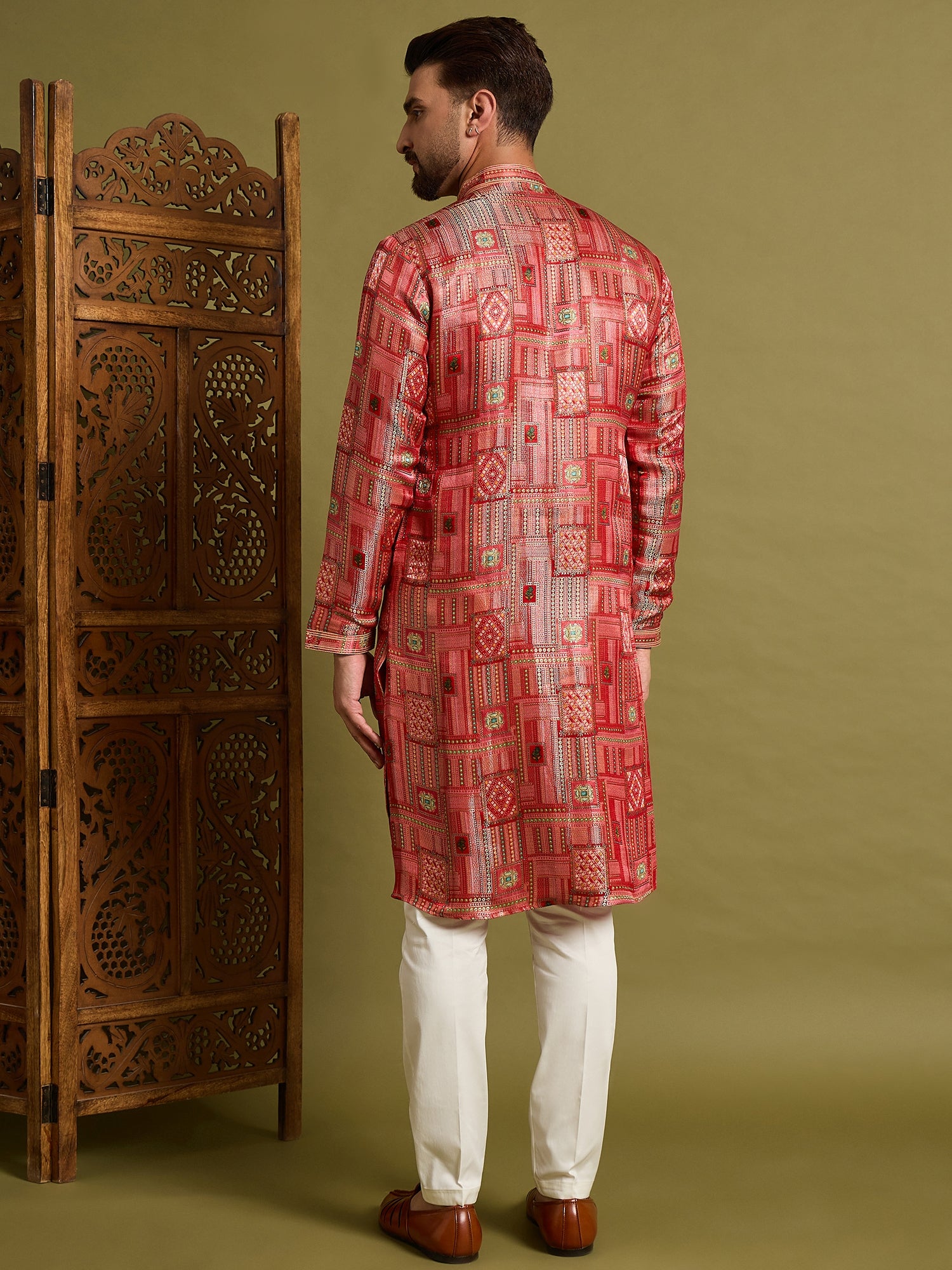 Red Brocket Silk Kurta Trouser Set