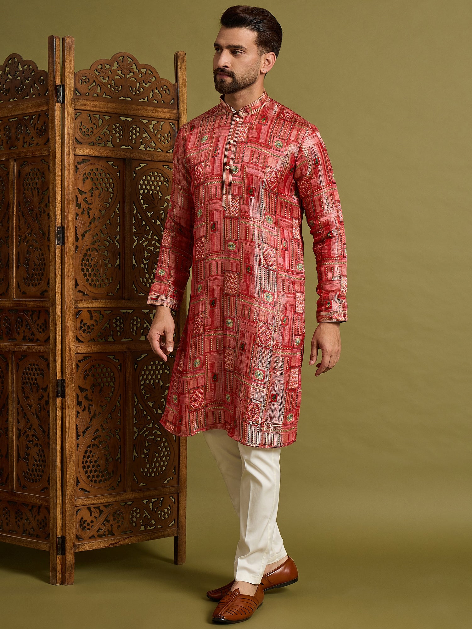 Red Brocket Silk Kurta Trouser Set