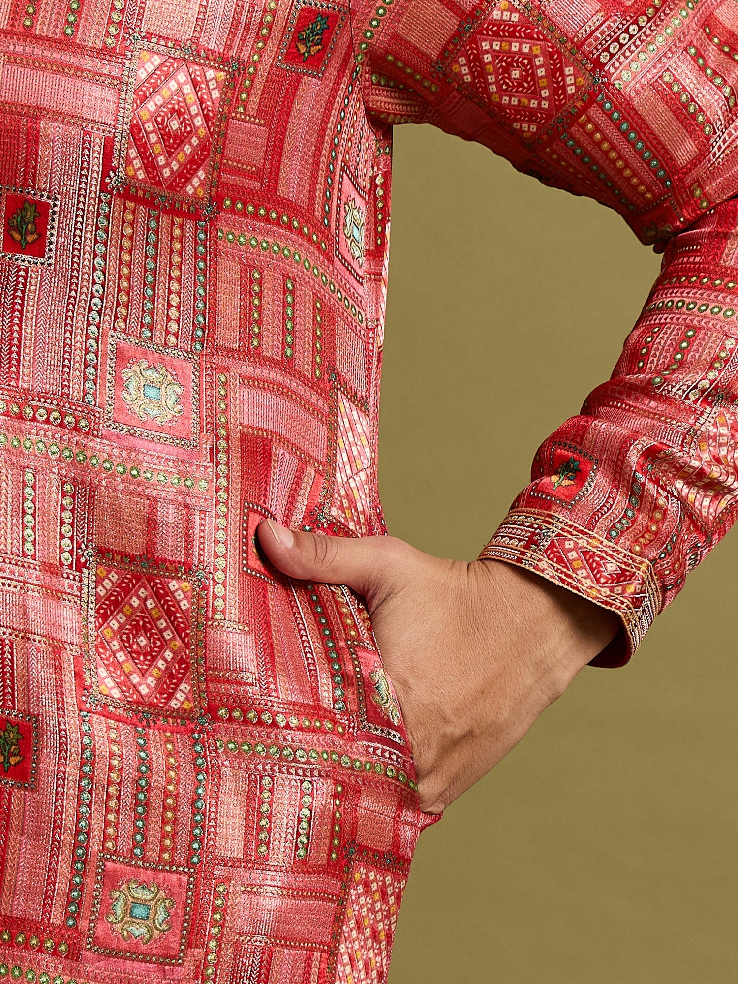 Red Brocket Silk Kurta Trouser Set