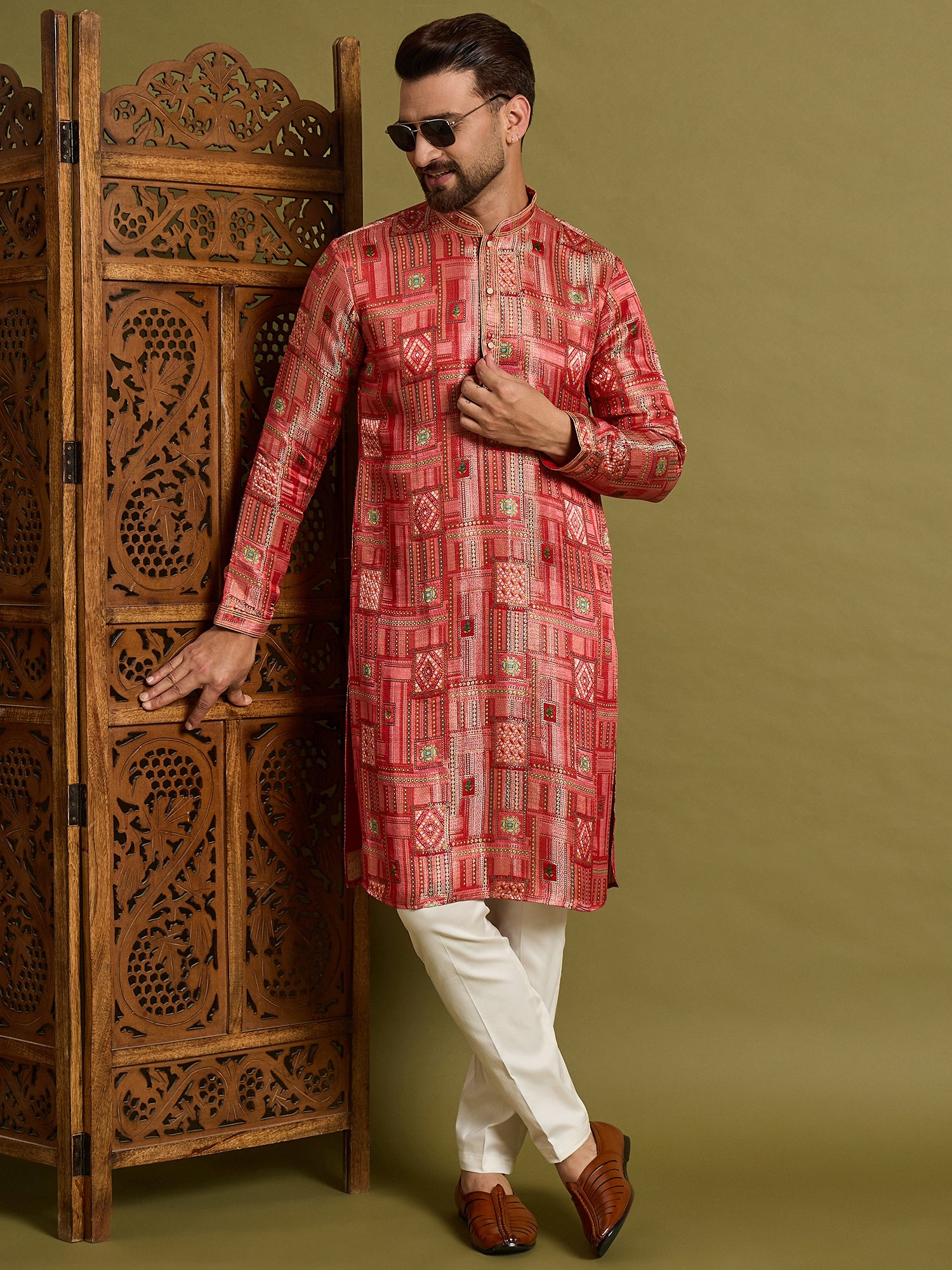 Red Brocket Silk Kurta Trouser Set