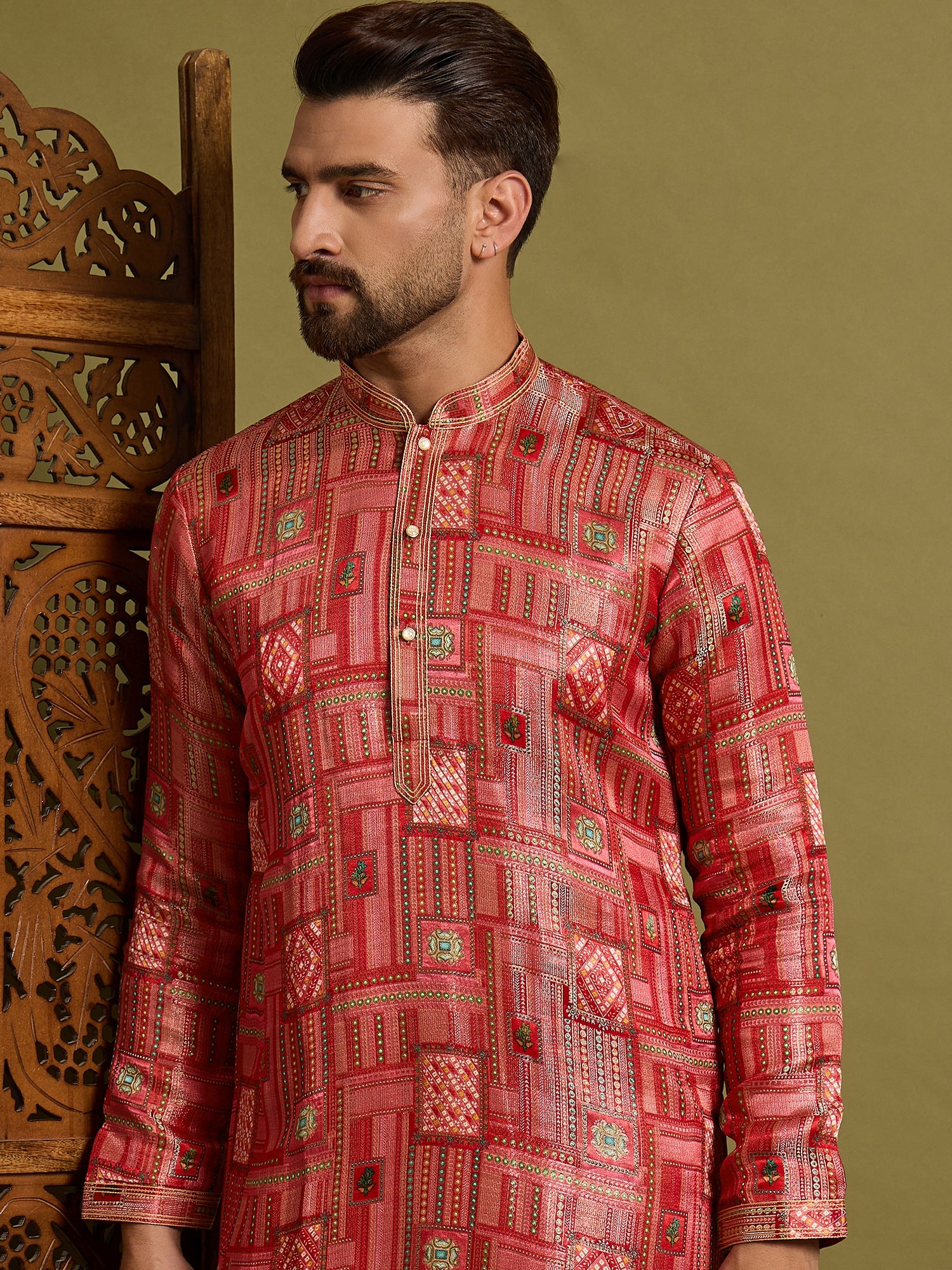 Red Brocket Silk Kurta Trouser Set