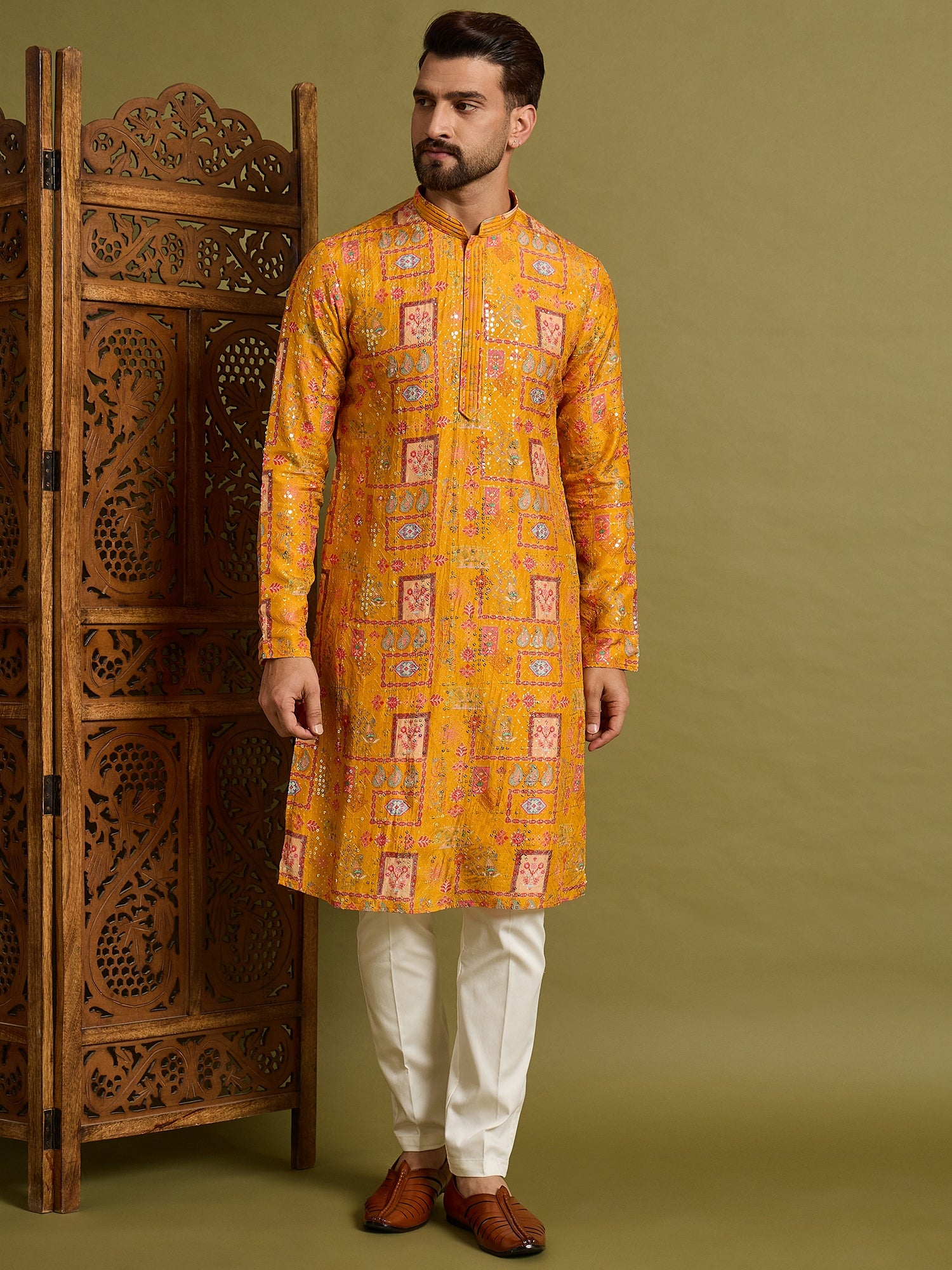 Yellow Lucknowi Print Kurta Trouser Set