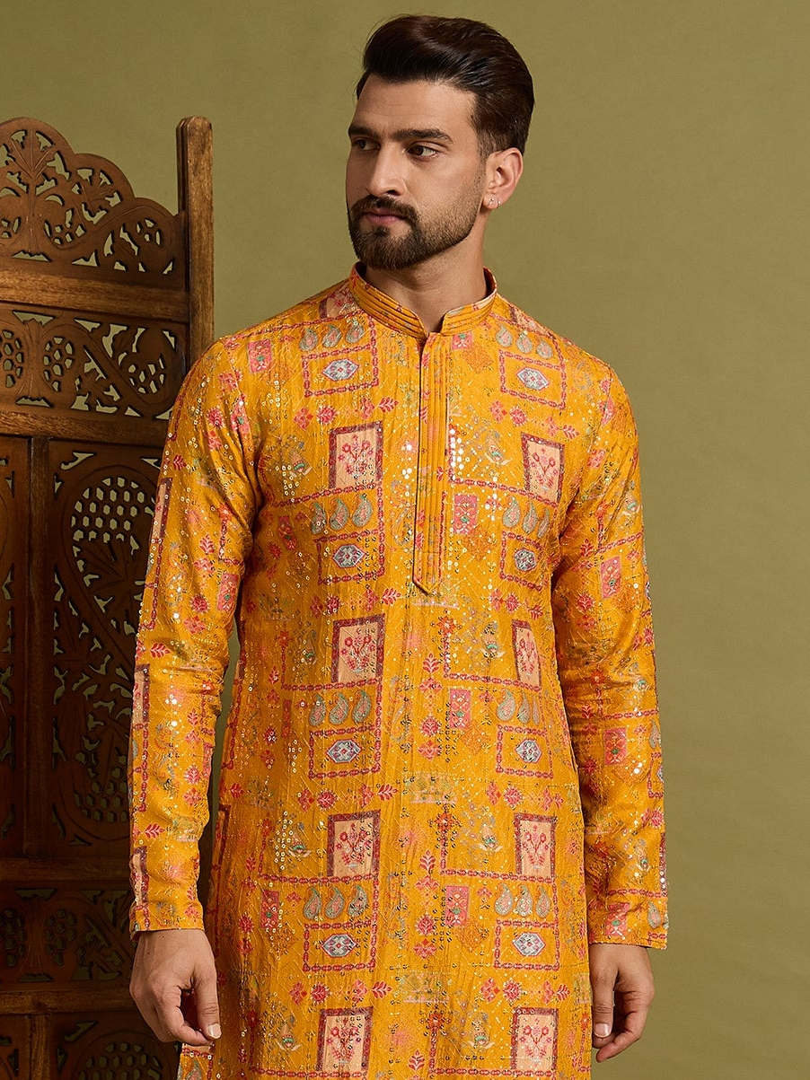 Yellow Lucknowi Print Kurta Trouser Set