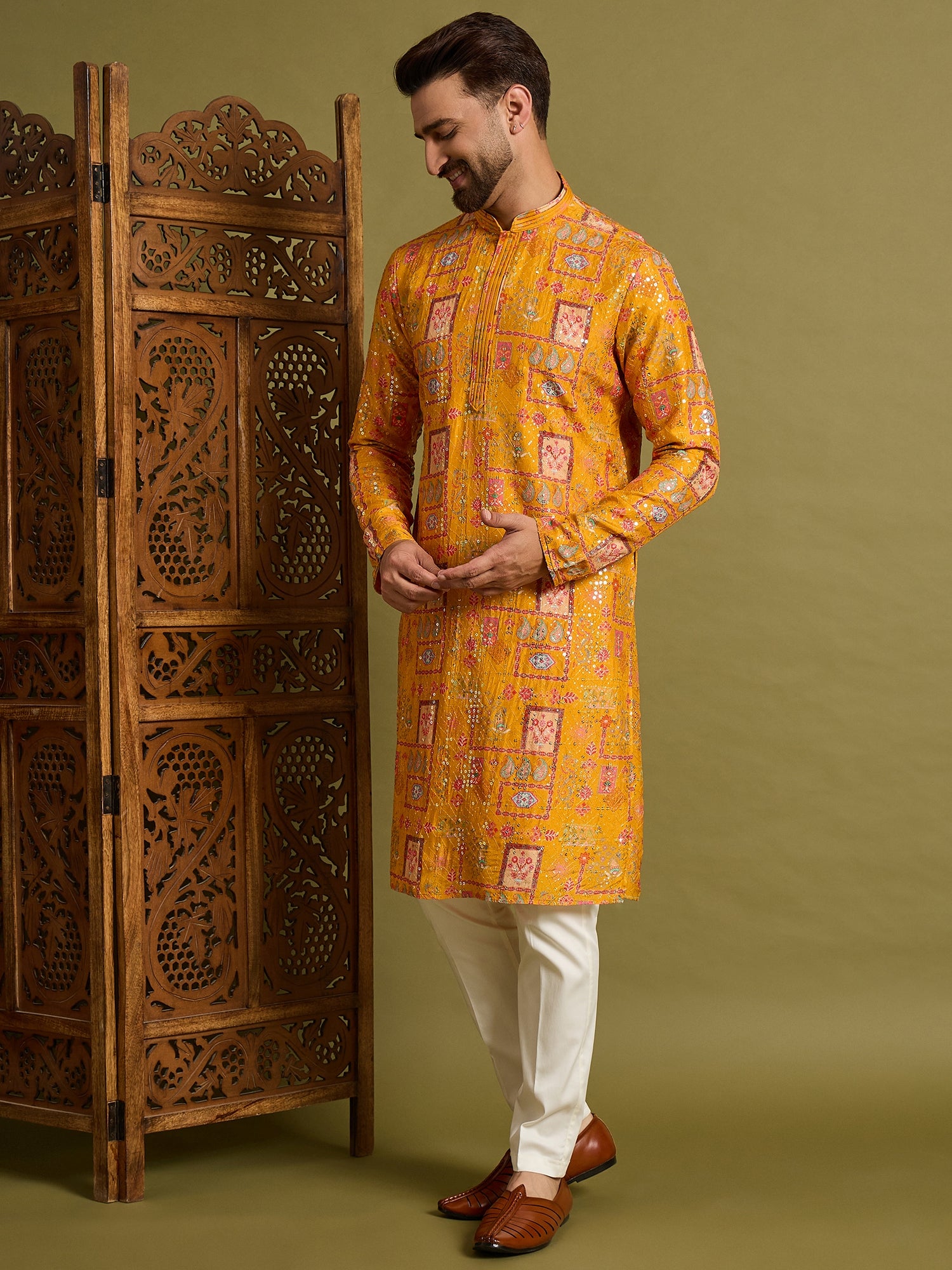 Yellow Lucknowi Print Kurta Trouser Set