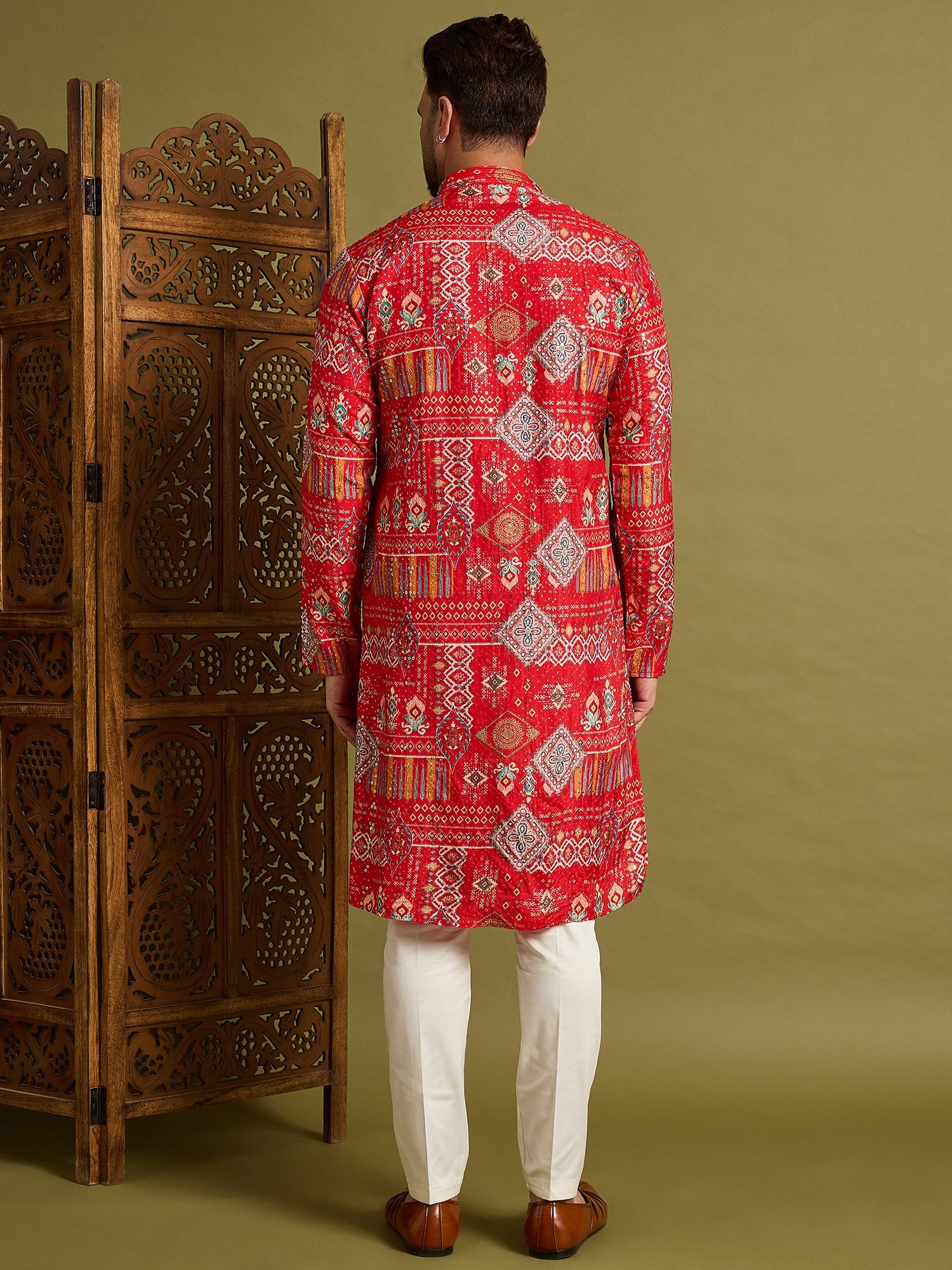 Red Lucknowi Print Kurta Set