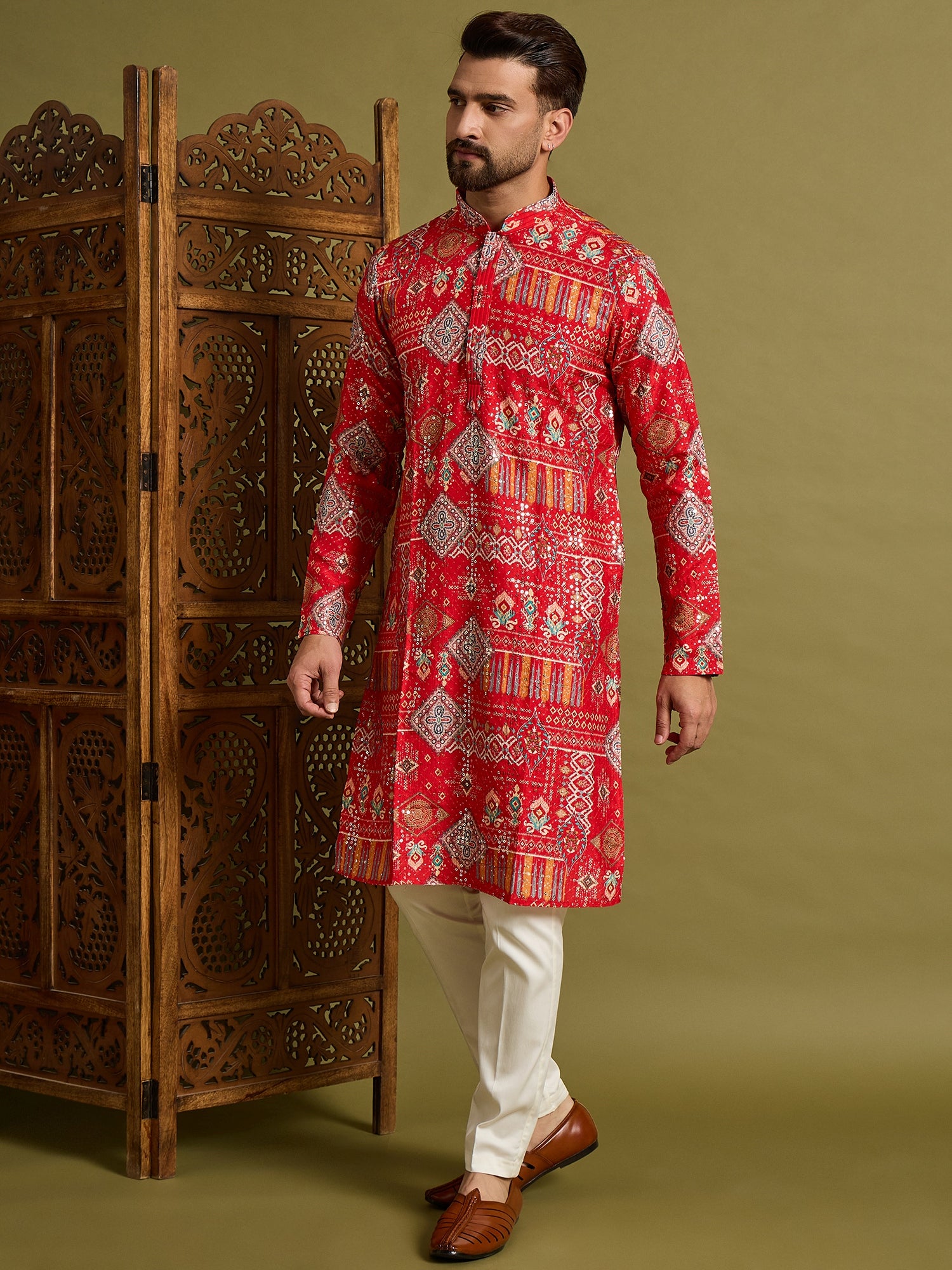 Red Lucknowi Print Kurta Set