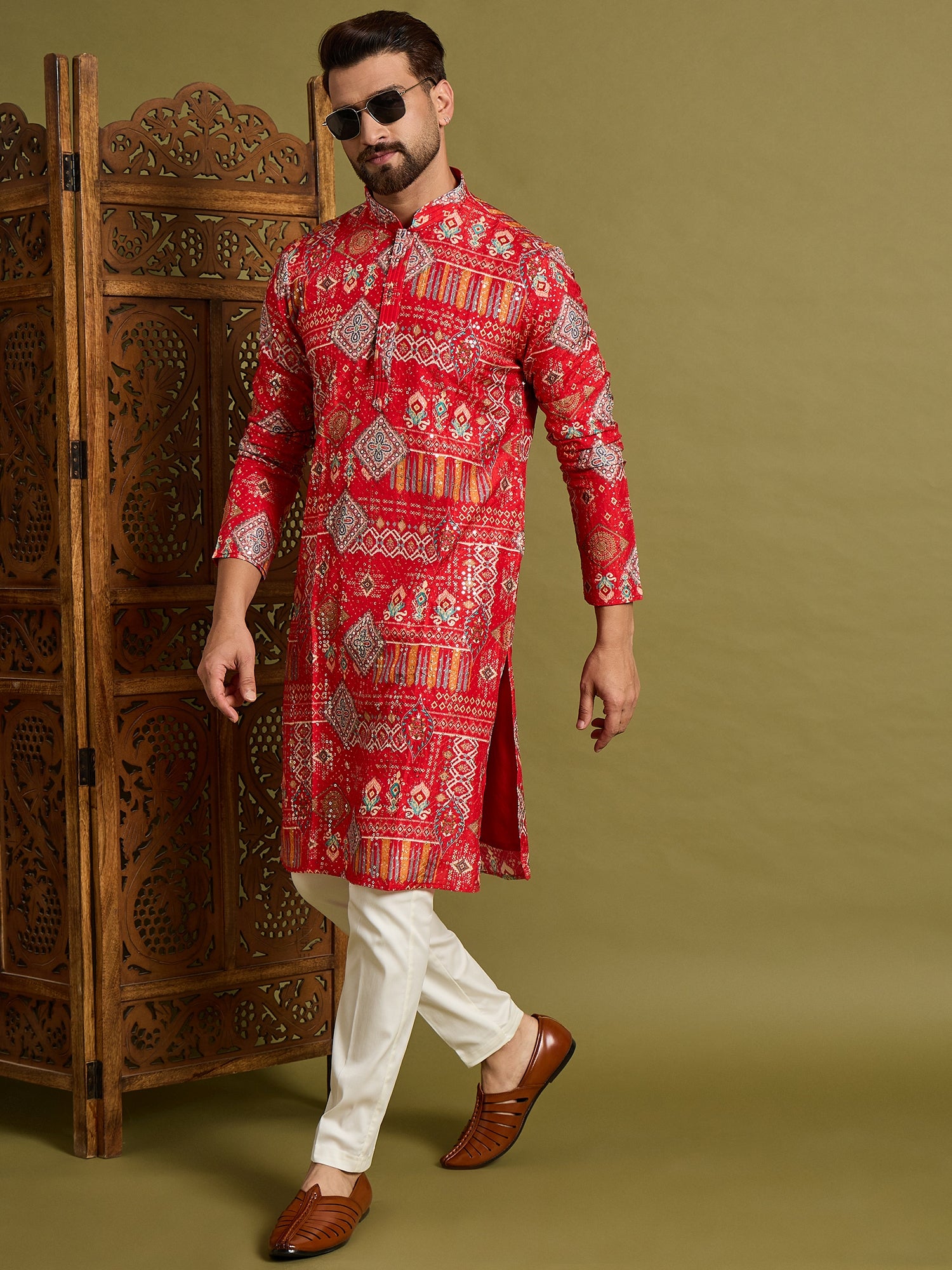 Red Lucknowi Print Kurta Set