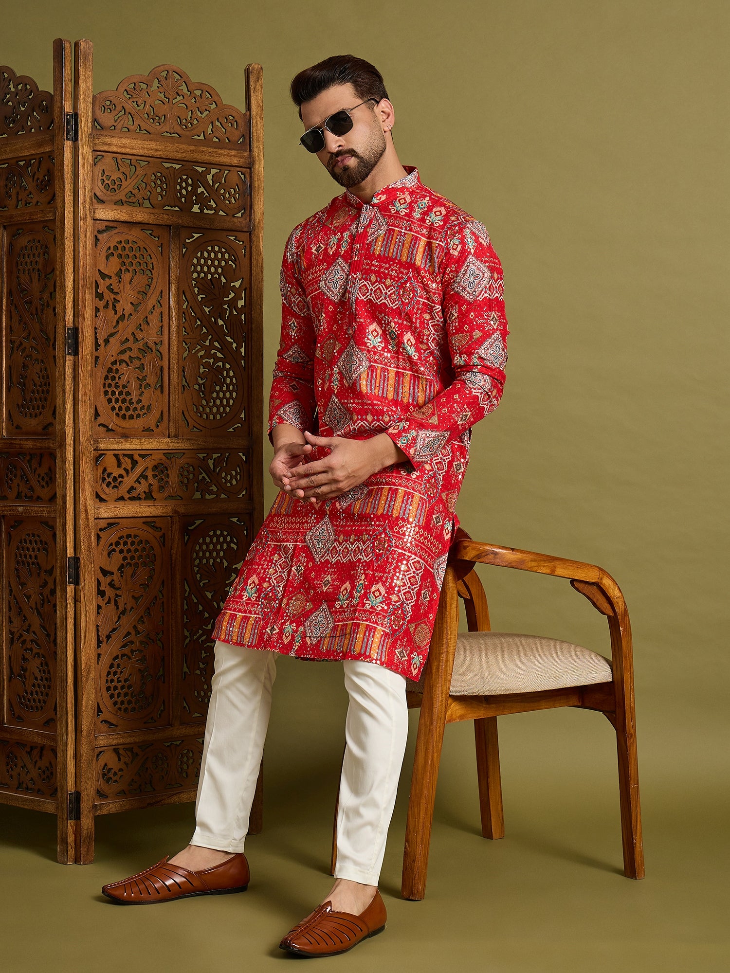 Red Lucknowi Print Kurta Set