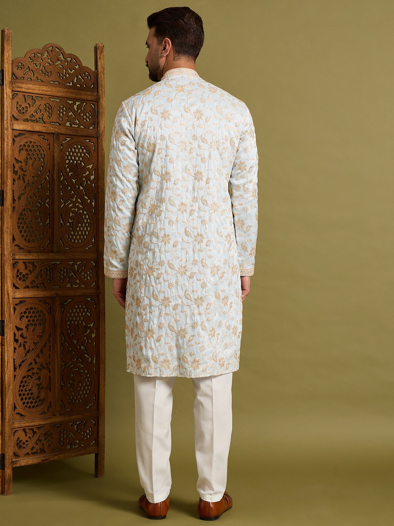 Sky Blue Mirror Work with Embroidery Kurta Trouser Set