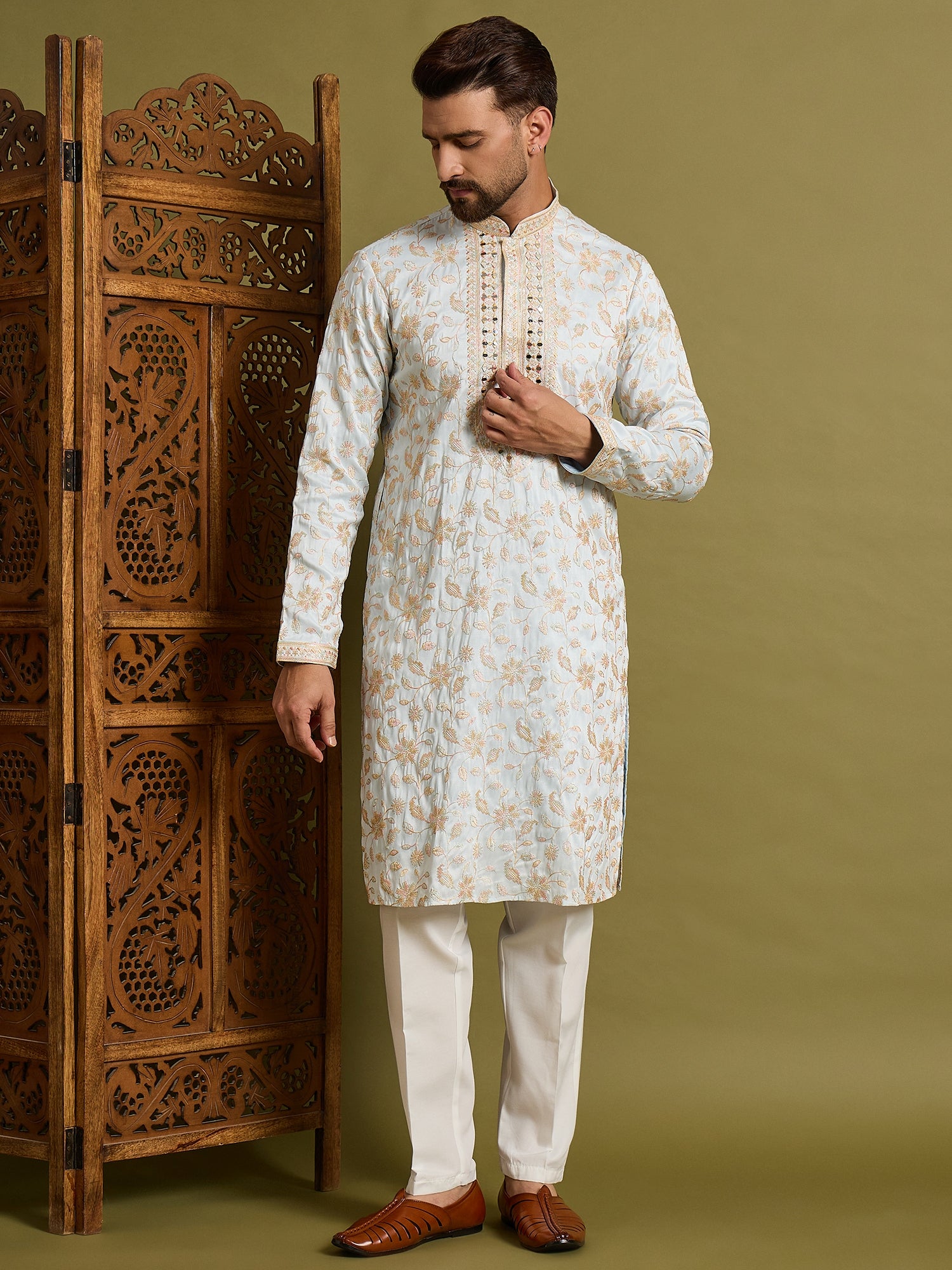 Sky Blue Mirror Work with Embroidery Kurta Trouser Set