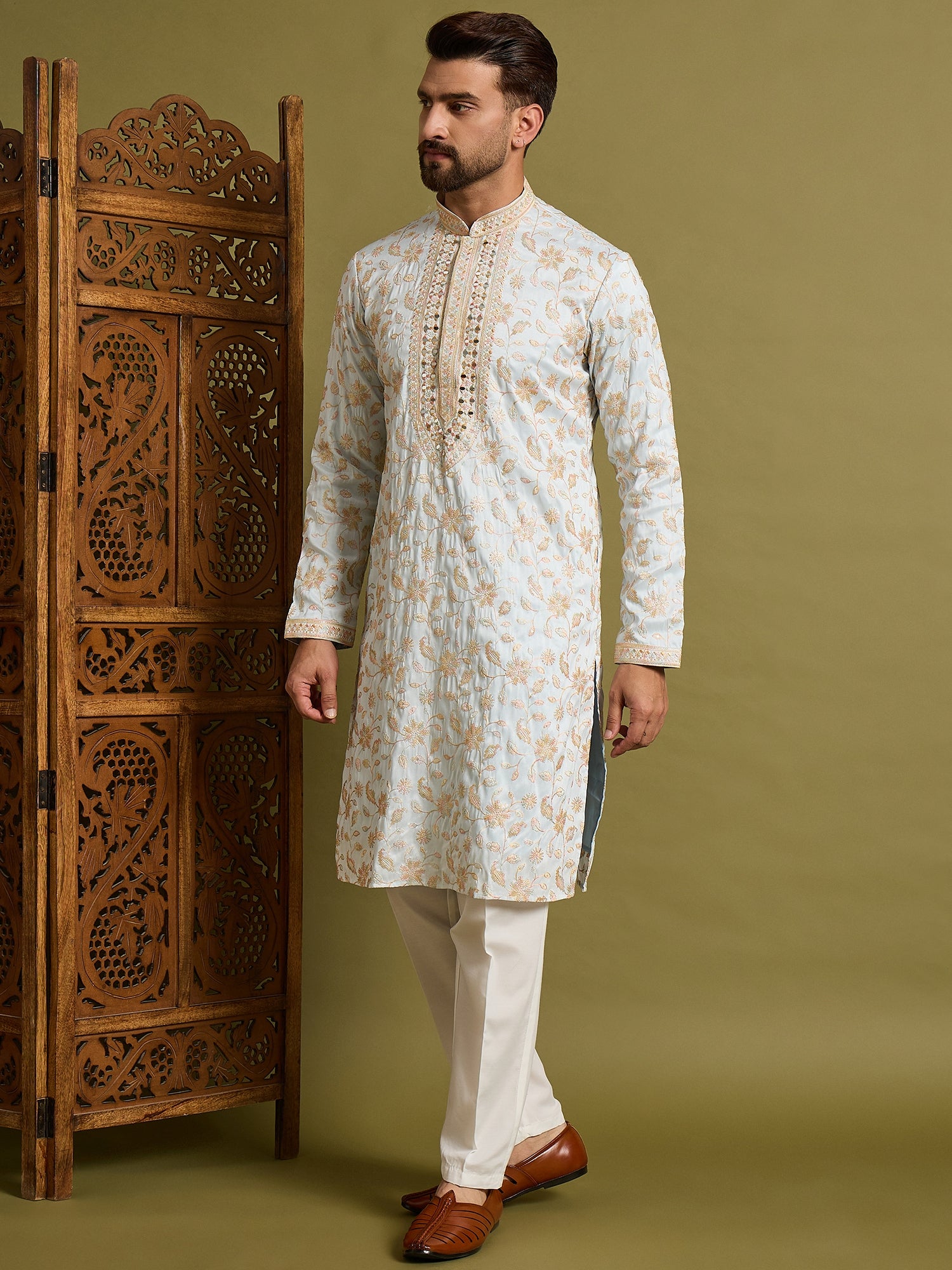 Sky Blue Mirror Work with Embroidery Kurta Trouser Set