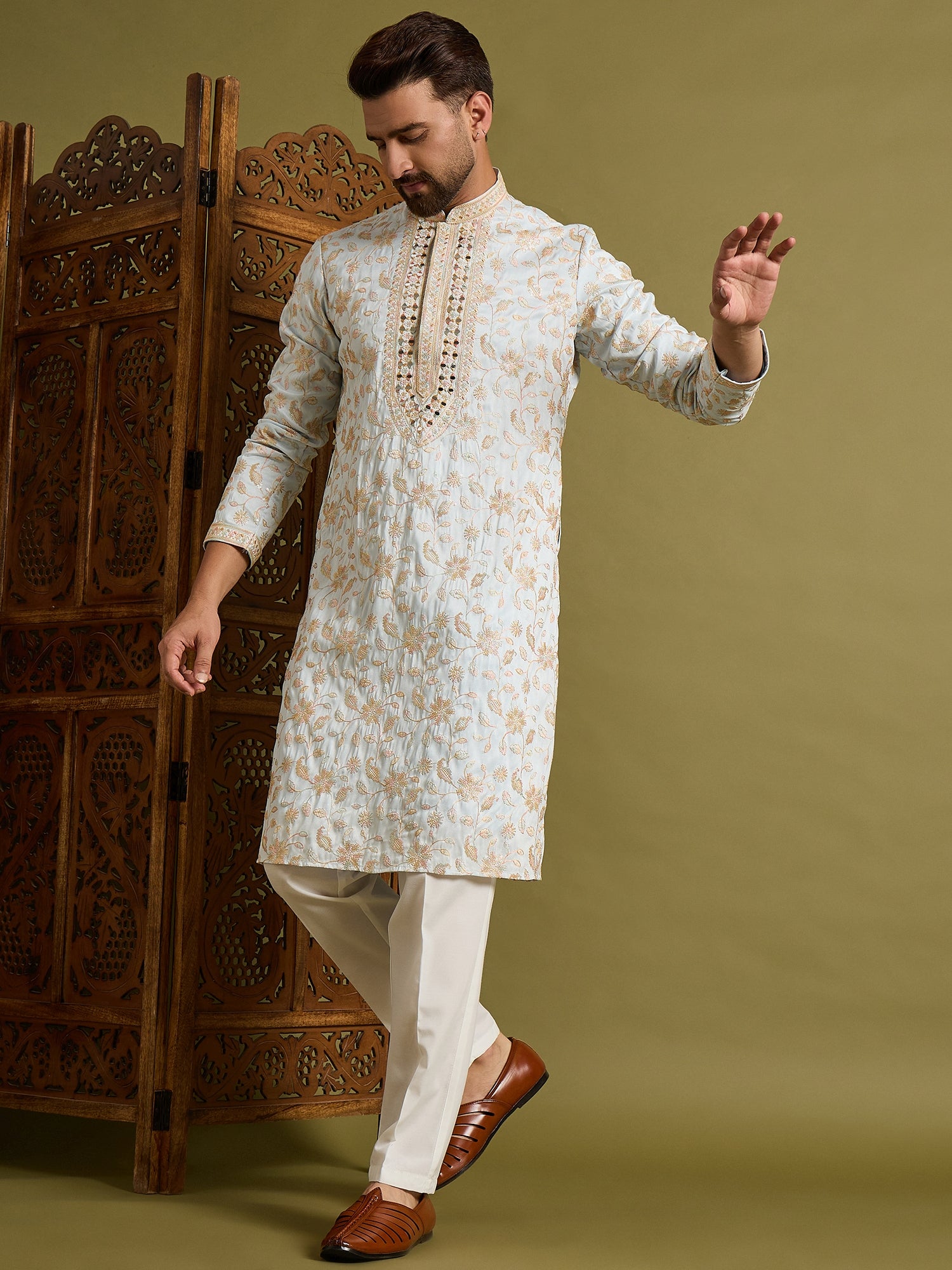 Sky Blue Mirror Work with Embroidery Kurta Trouser Set