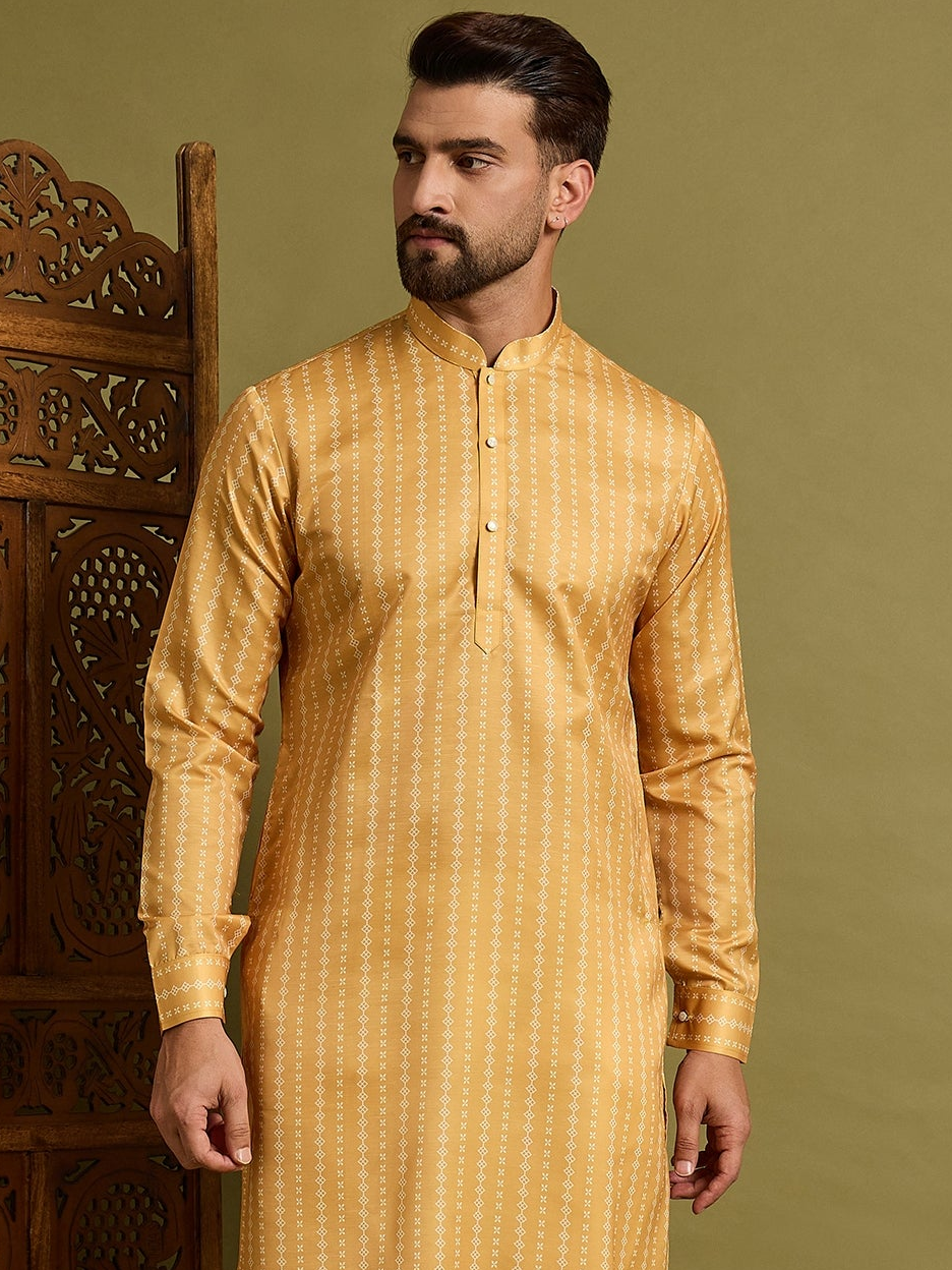 Yellow Slub Silk Kurta Set