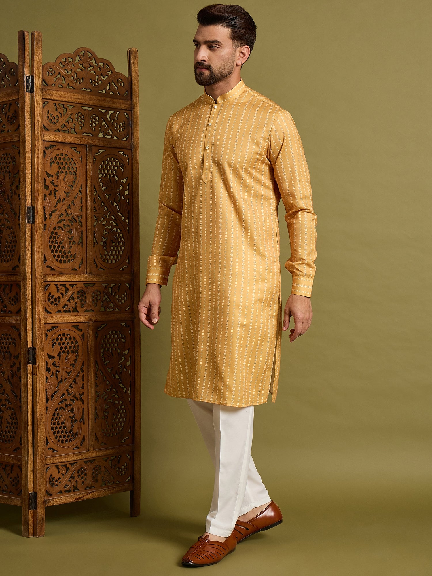 Yellow Slub Silk Kurta Set