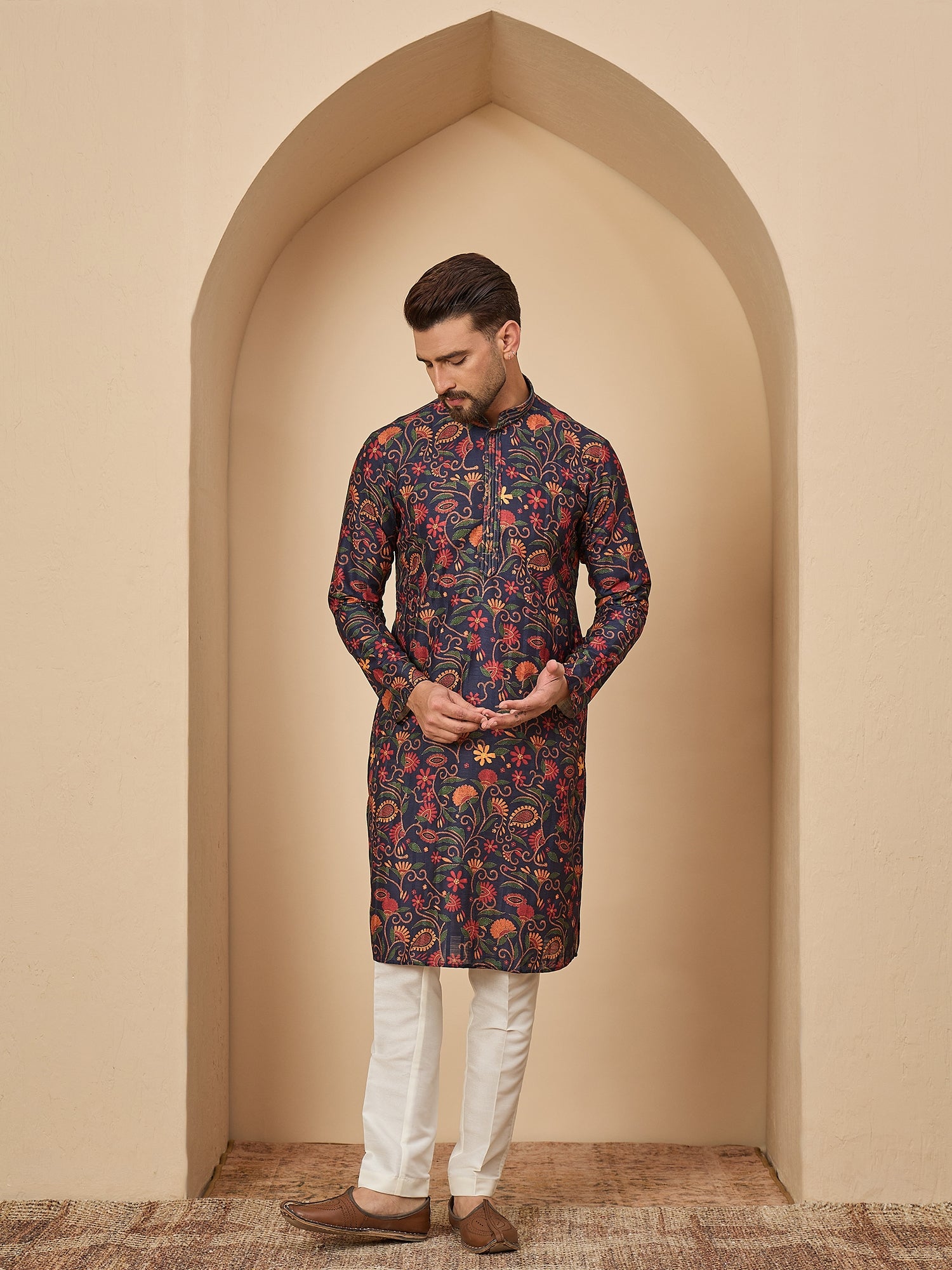 Navy Blue Silk Printed Kurta Set