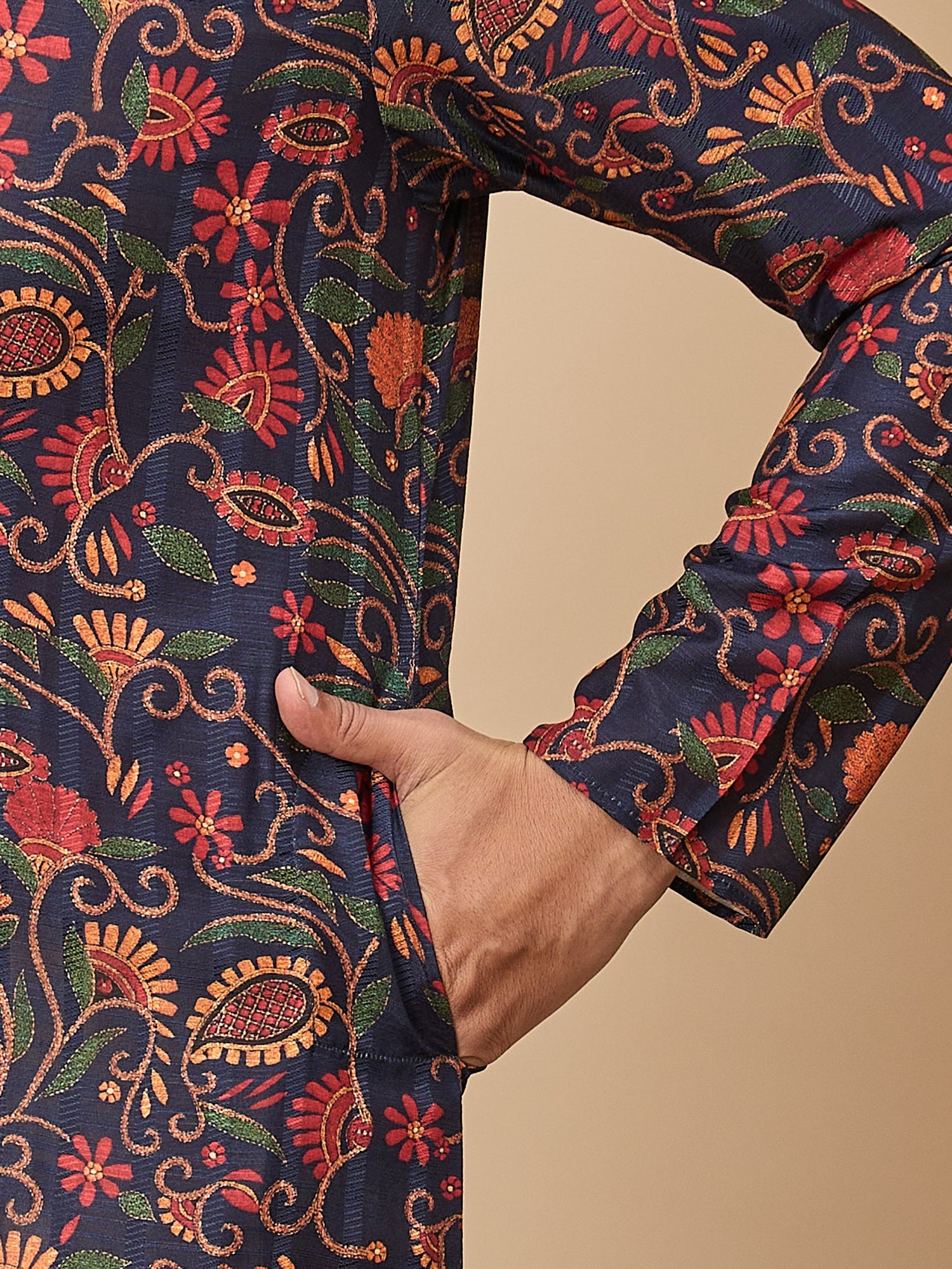 Navy Blue Silk Printed Kurta Set