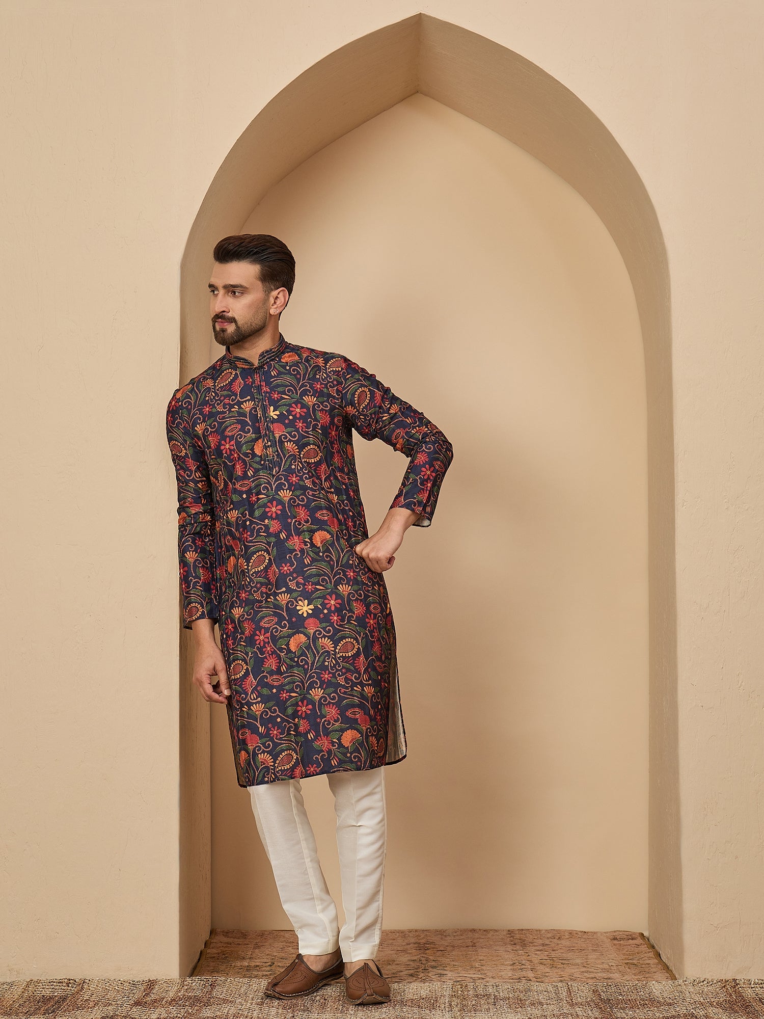Navy Blue Silk Printed Kurta Set