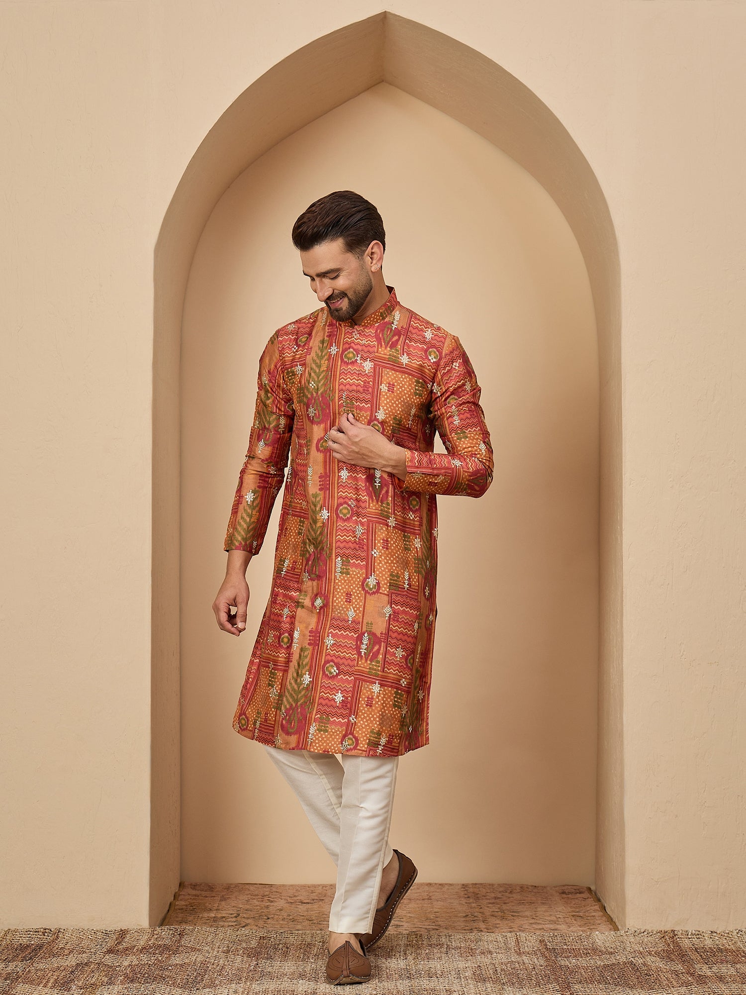 Rust Printed Silk Kurta Trouser Set