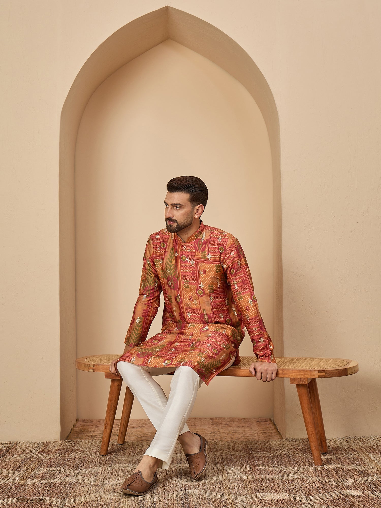 Rust Printed Silk Kurta Trouser Set