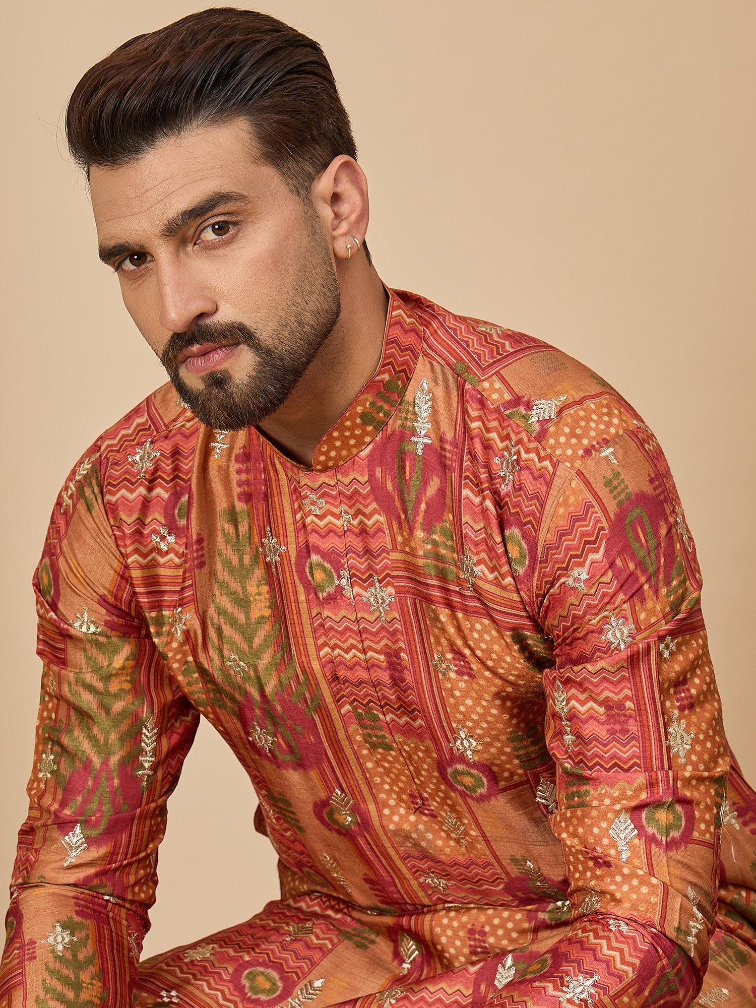 Rust Printed Silk Kurta Trouser Set