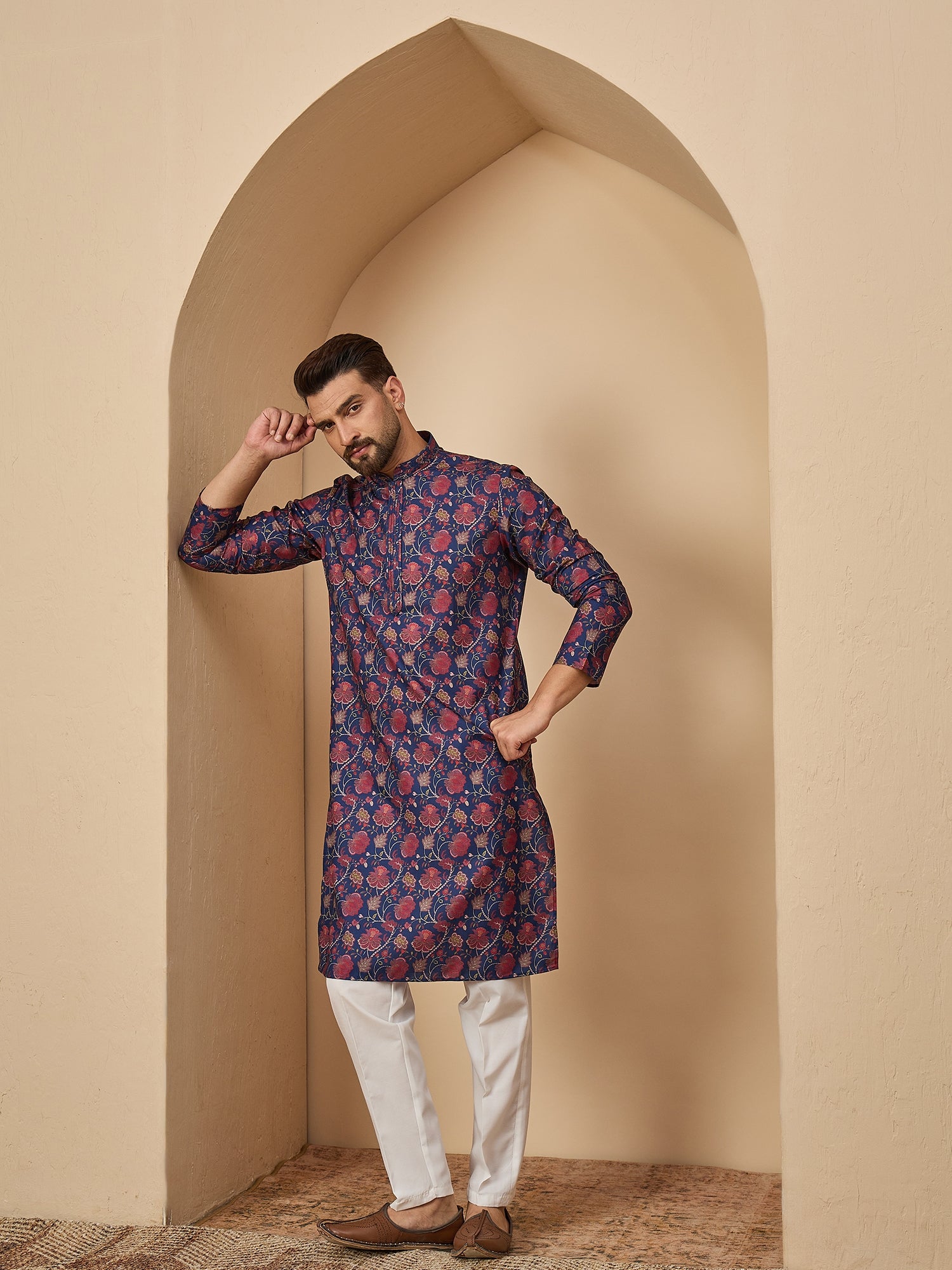 Navy Blue Cotton Blend Kurta Set