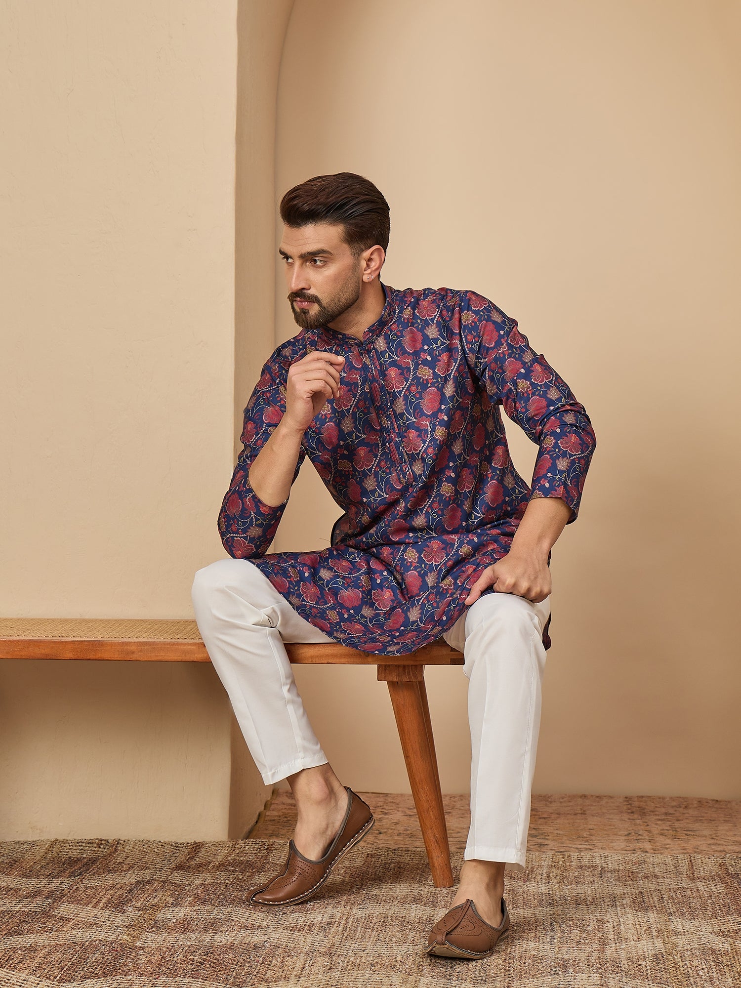 Navy Blue Cotton Blend Kurta Set