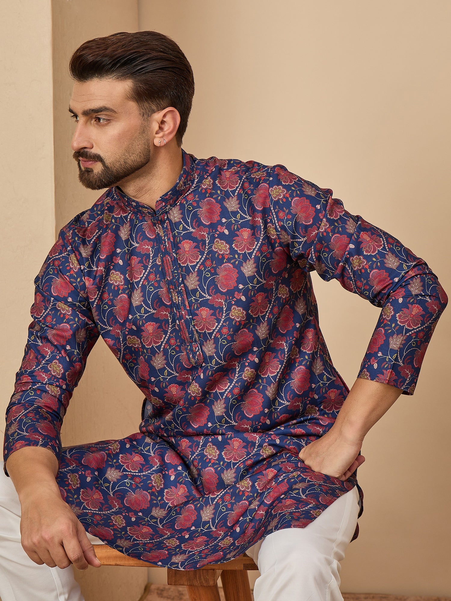 Navy Blue Cotton Blend Kurta Set