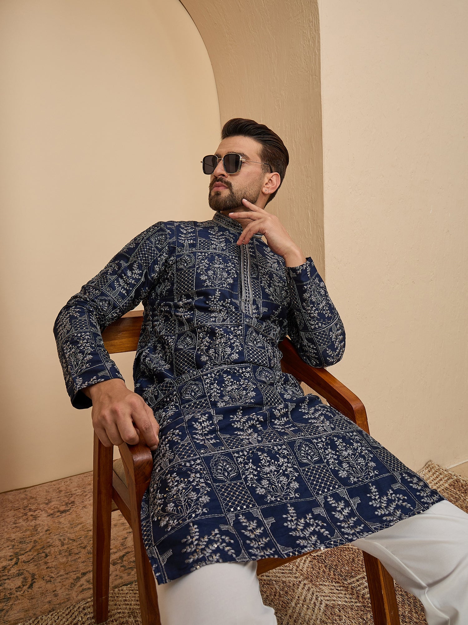 Navy Blue Embroidered Kurta Trouser Set