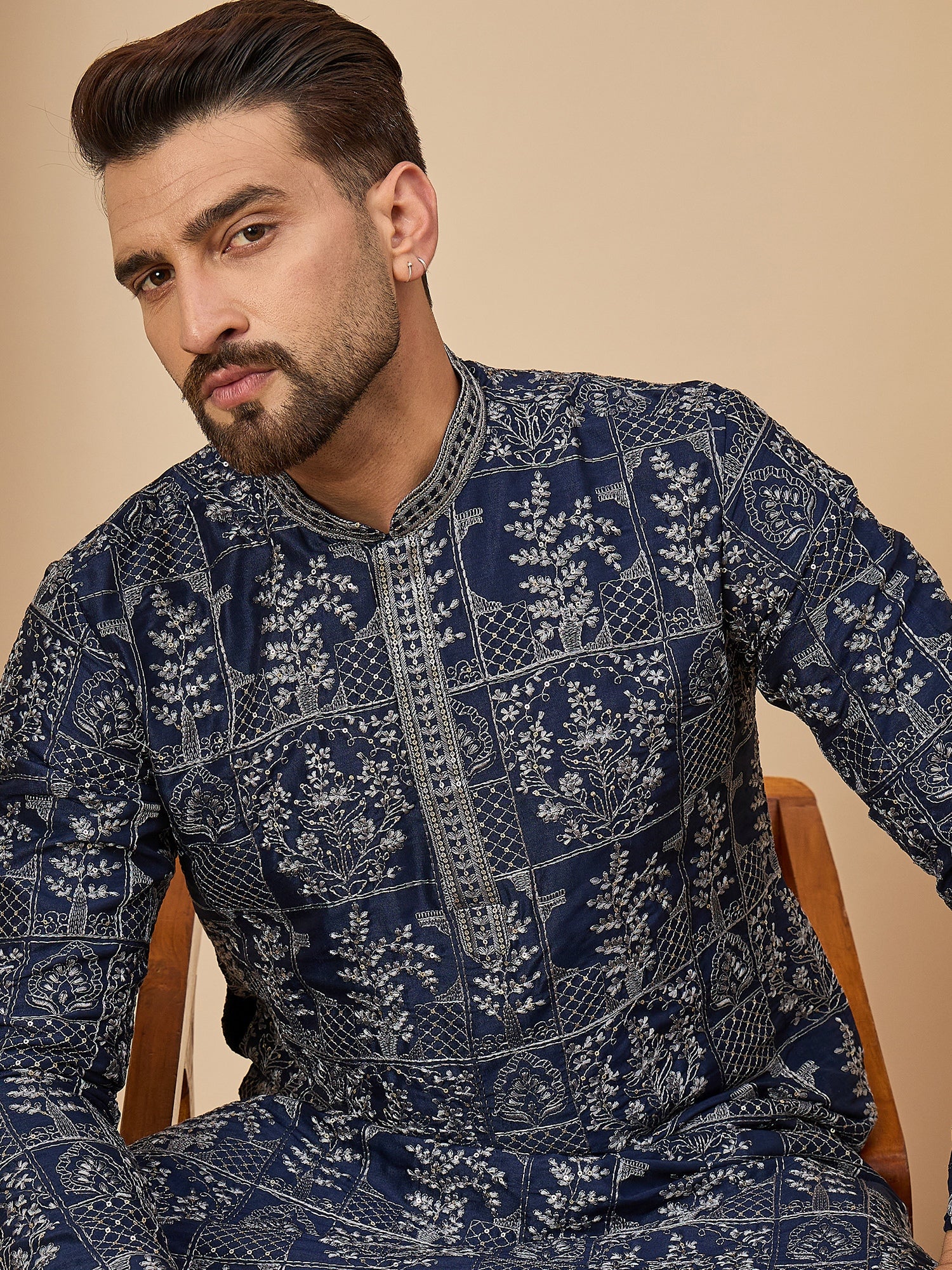 Navy Blue Embroidered Kurta Trouser Set