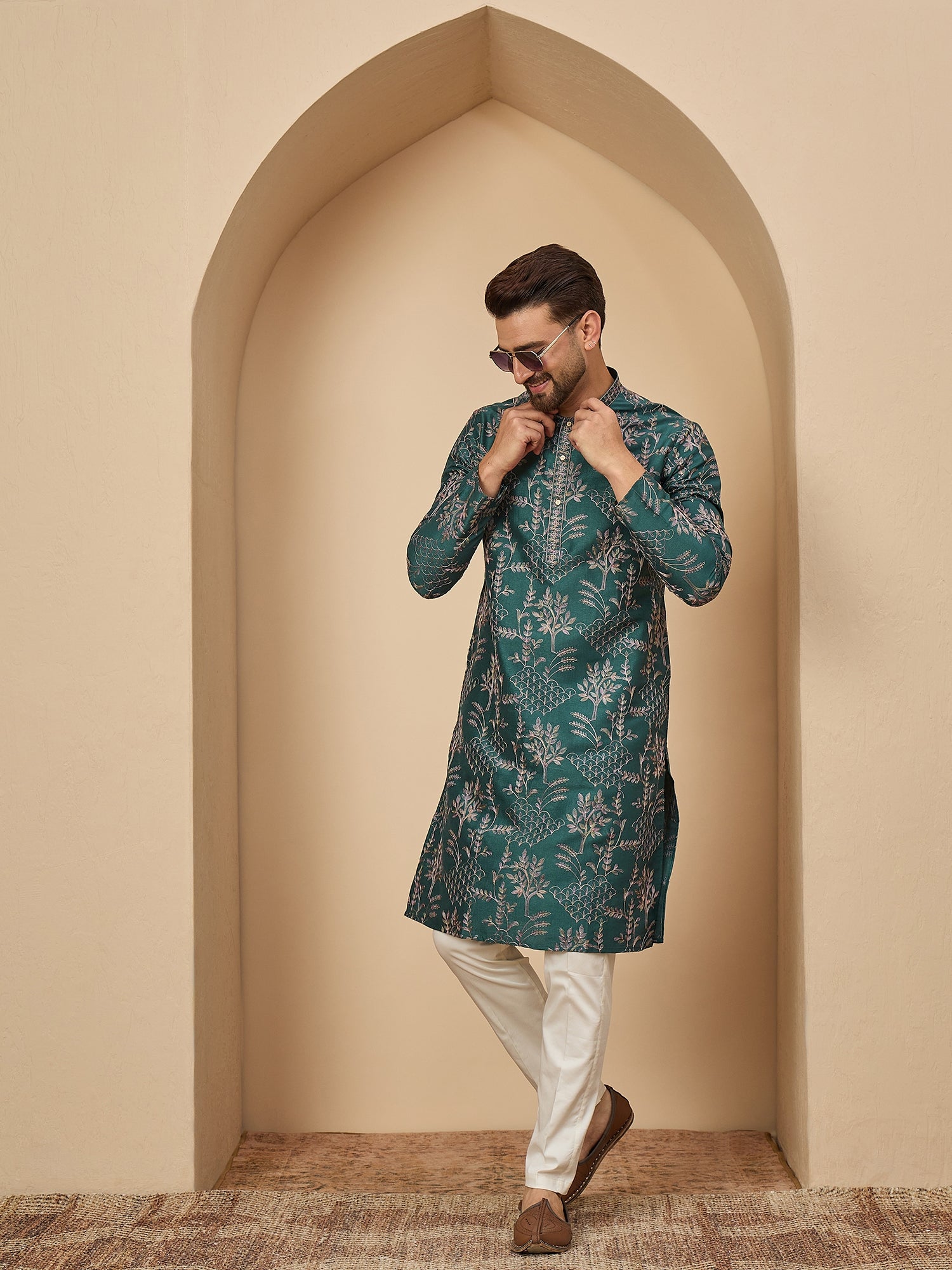 Teal Embroidered Kurta Trouser Set
