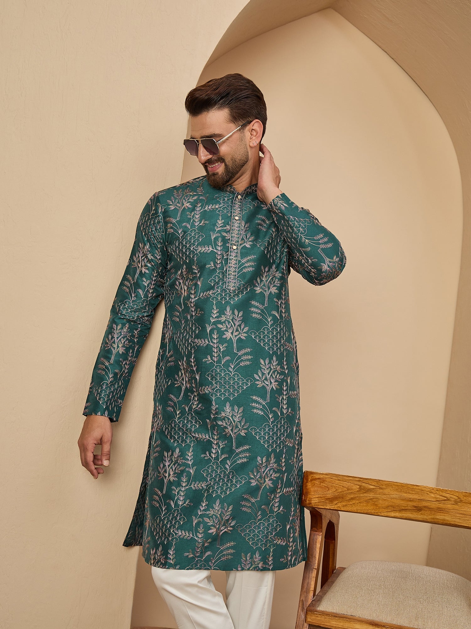 Teal Embroidered Kurta Trouser Set