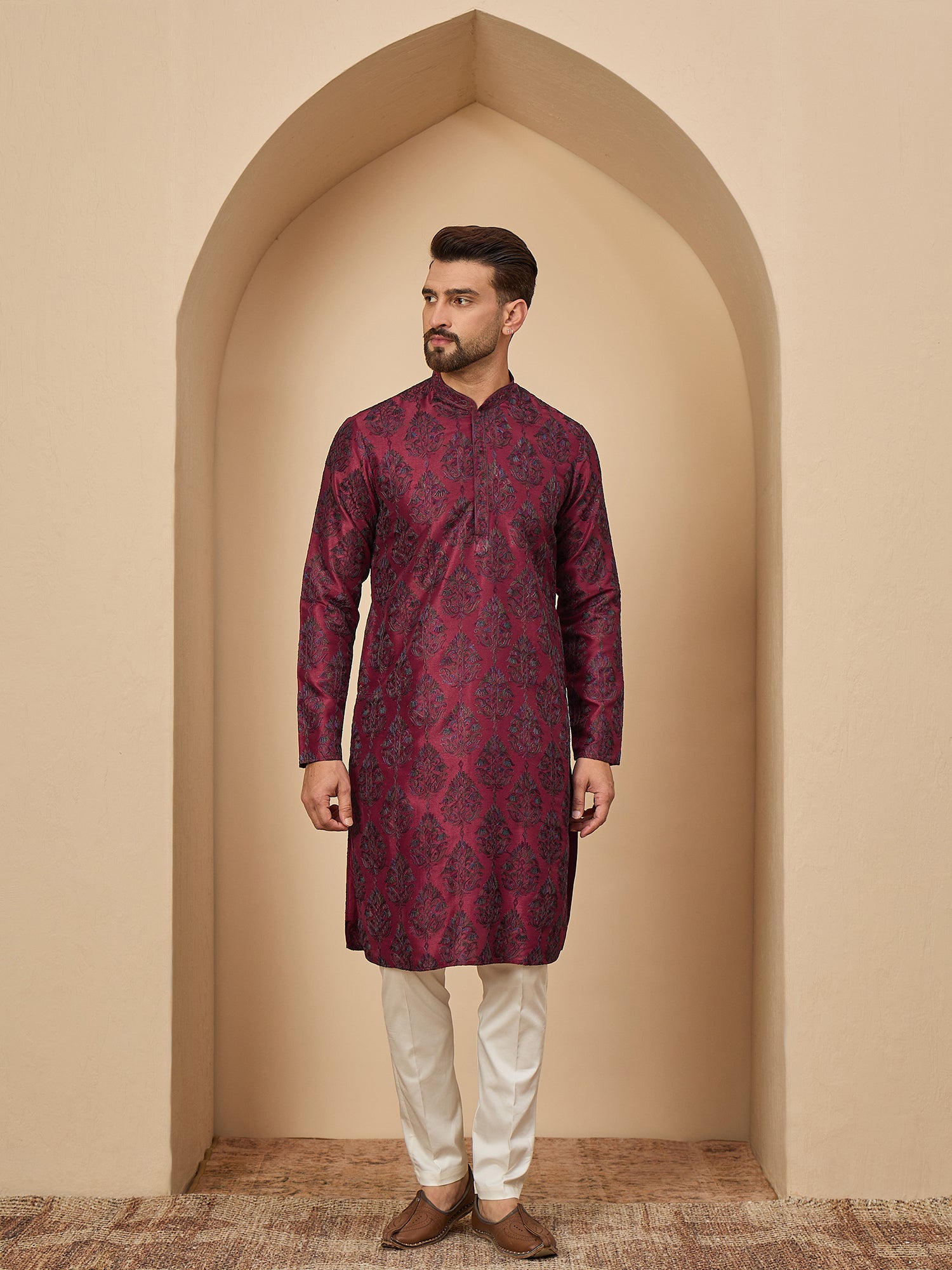 Red Maroon Kashmiri Embroidered Kurta Trouser Set