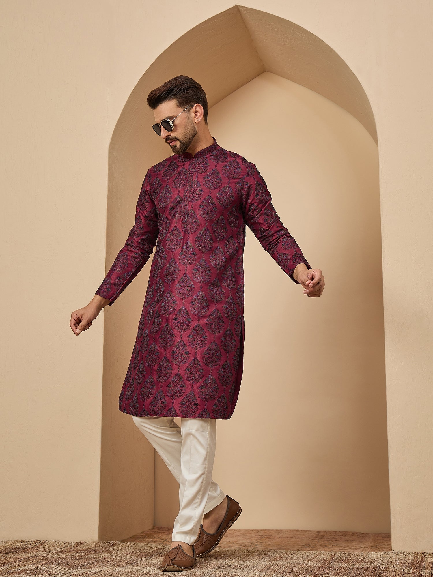 Red Maroon Kashmiri Embroidered Kurta Trouser Set