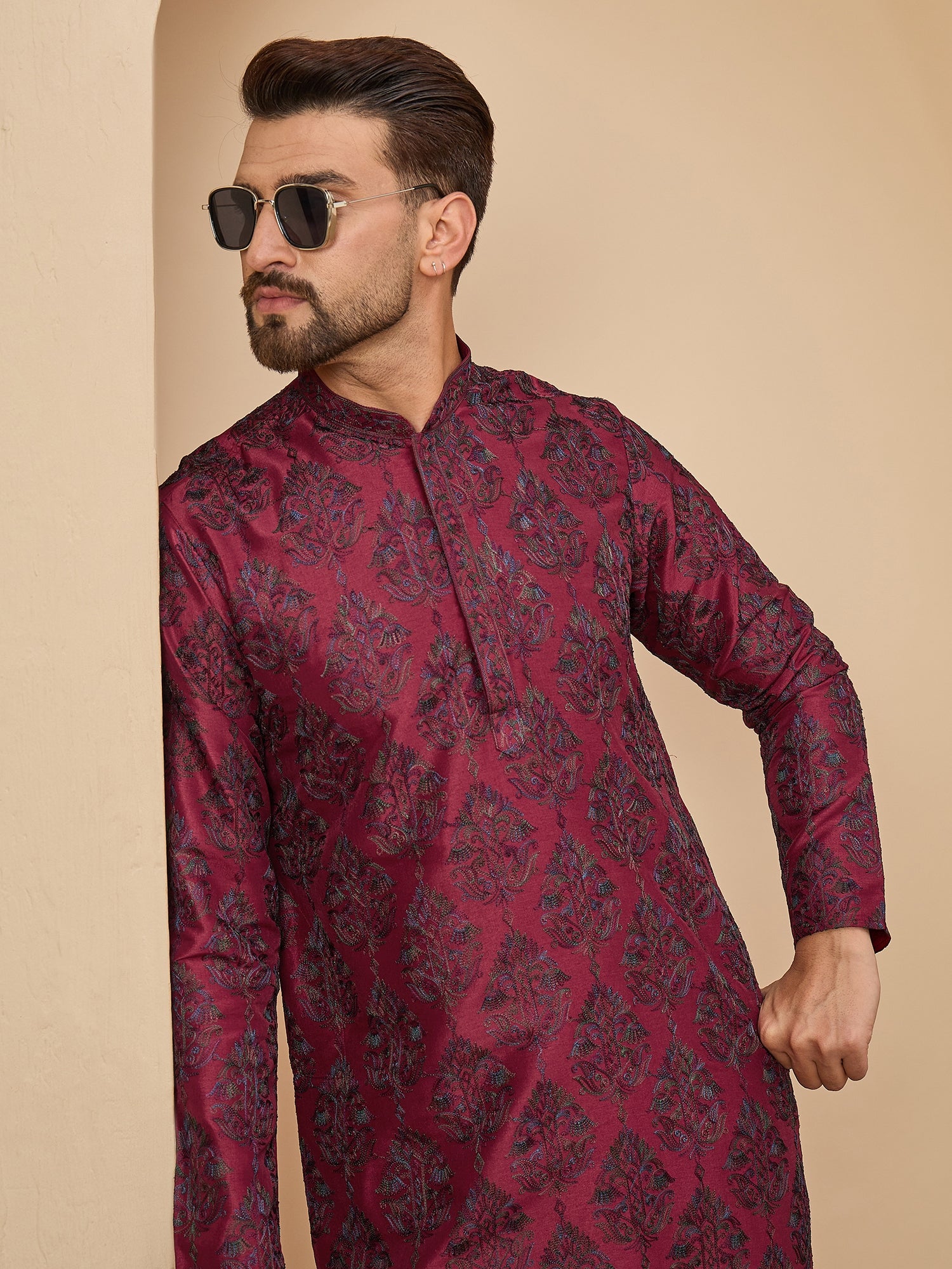Red Maroon Kashmiri Embroidered Kurta Trouser Set