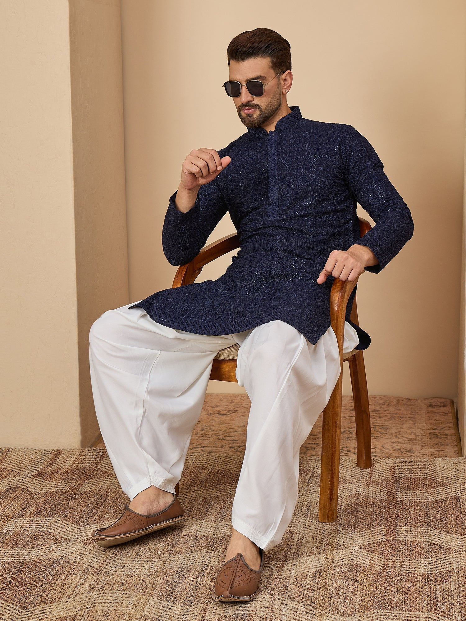 Navy Blue Lucknowi Kurta with Patiala Set