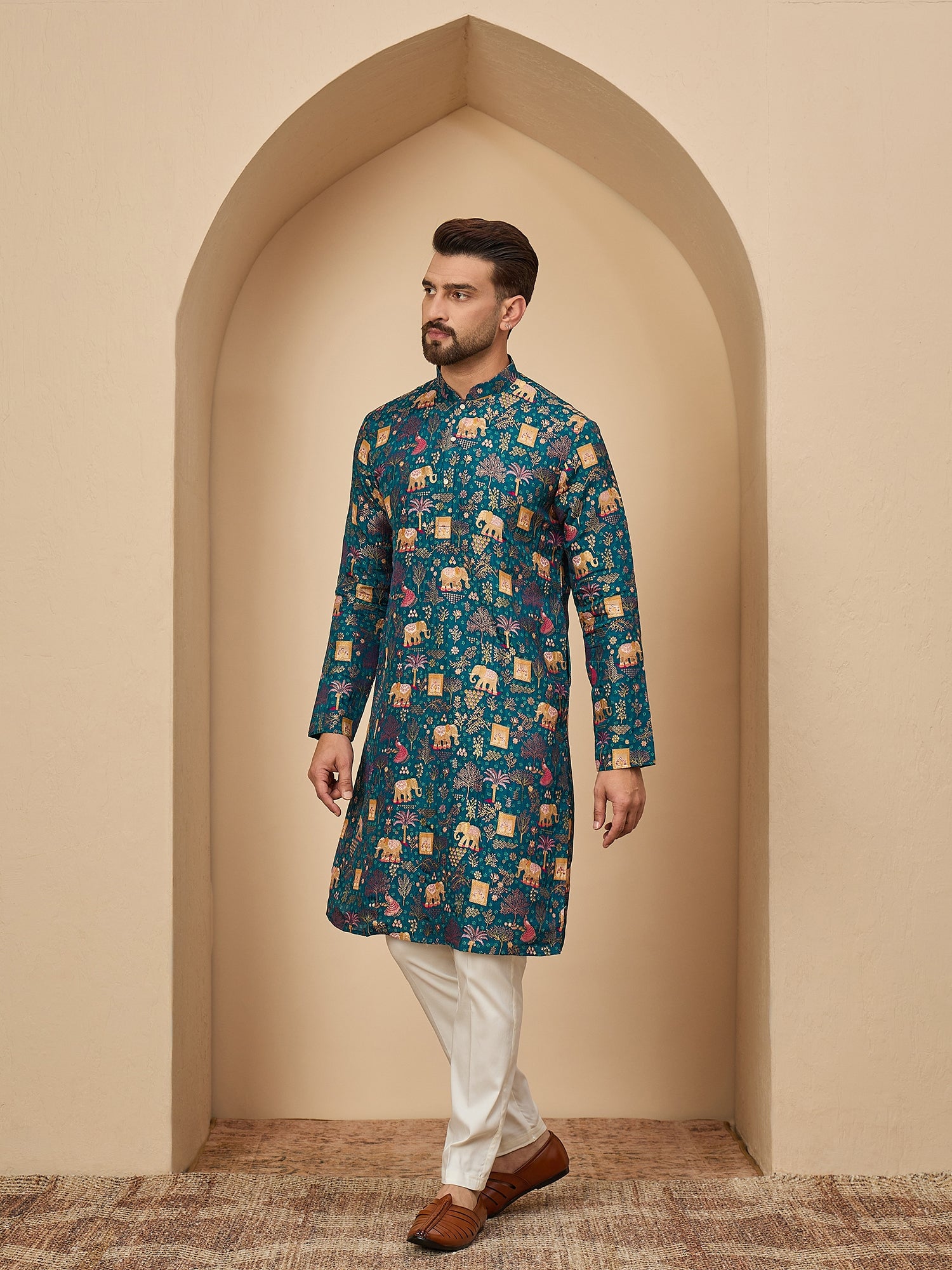 Teal  Brocket Soft Silk Kurta Trouser Set