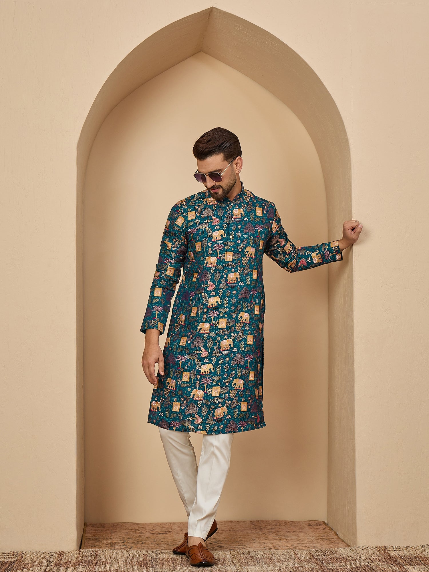 Teal  Brocket Soft Silk Kurta Trouser Set