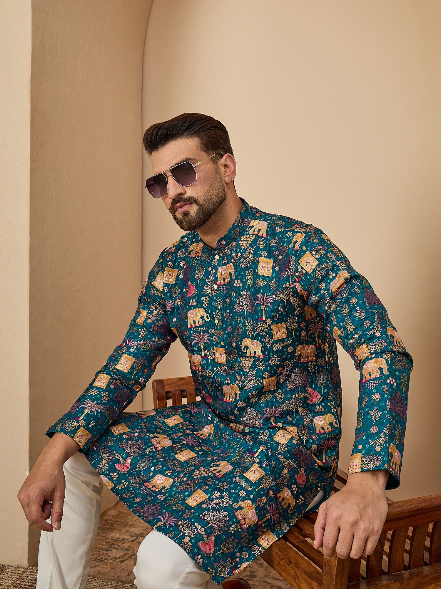 Teal  Brocket Soft Silk Kurta Trouser Set