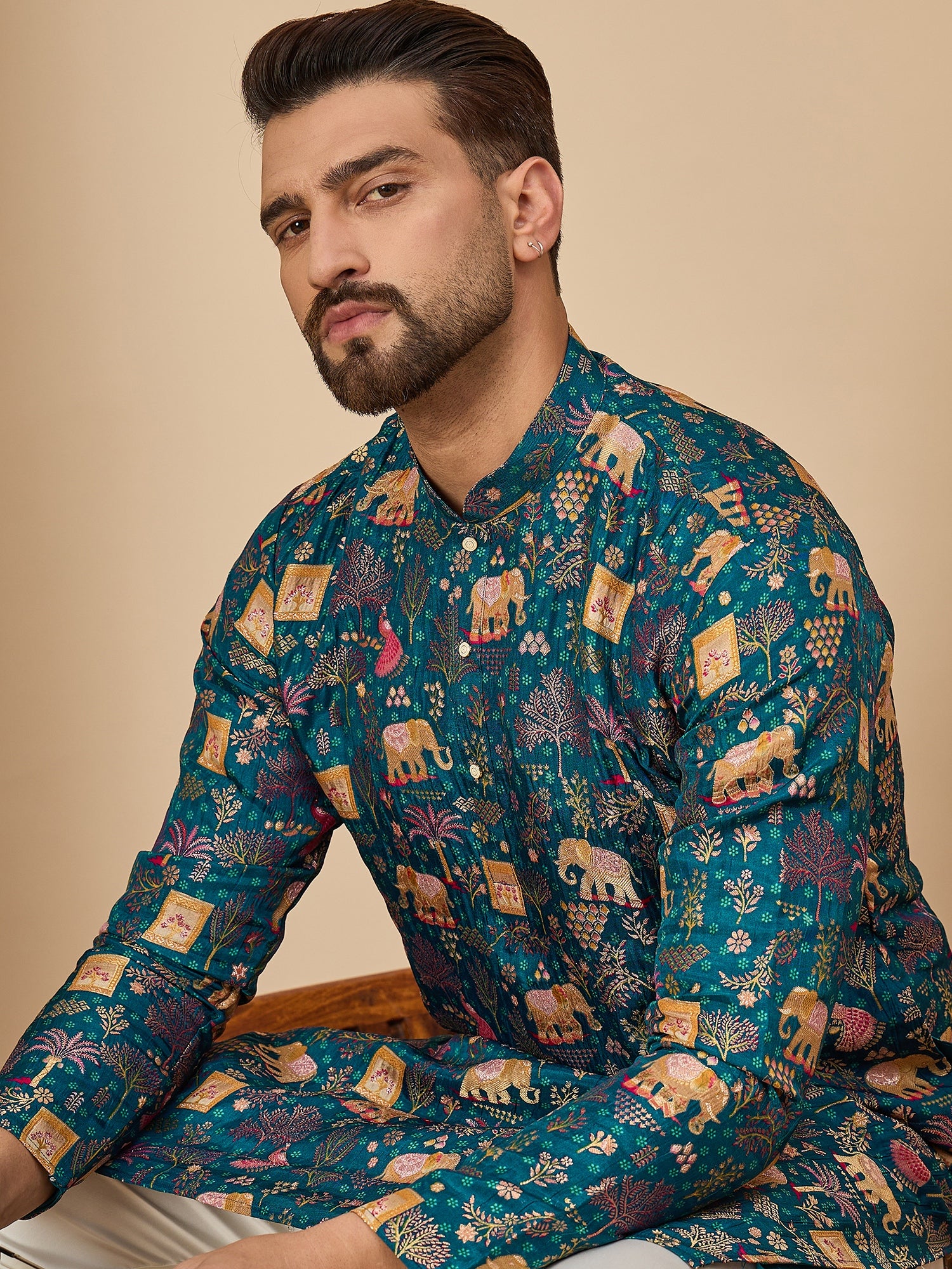 Teal  Brocket Soft Silk Kurta Trouser Set