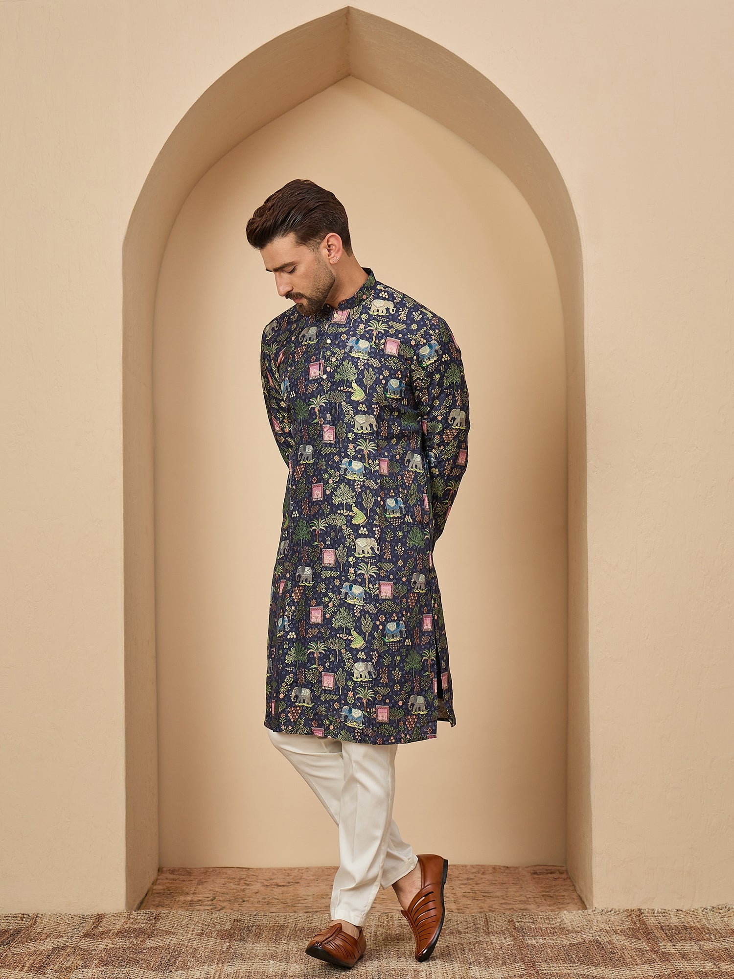 Navy Blue Brocket Soft Silk Kurta Trouser Set