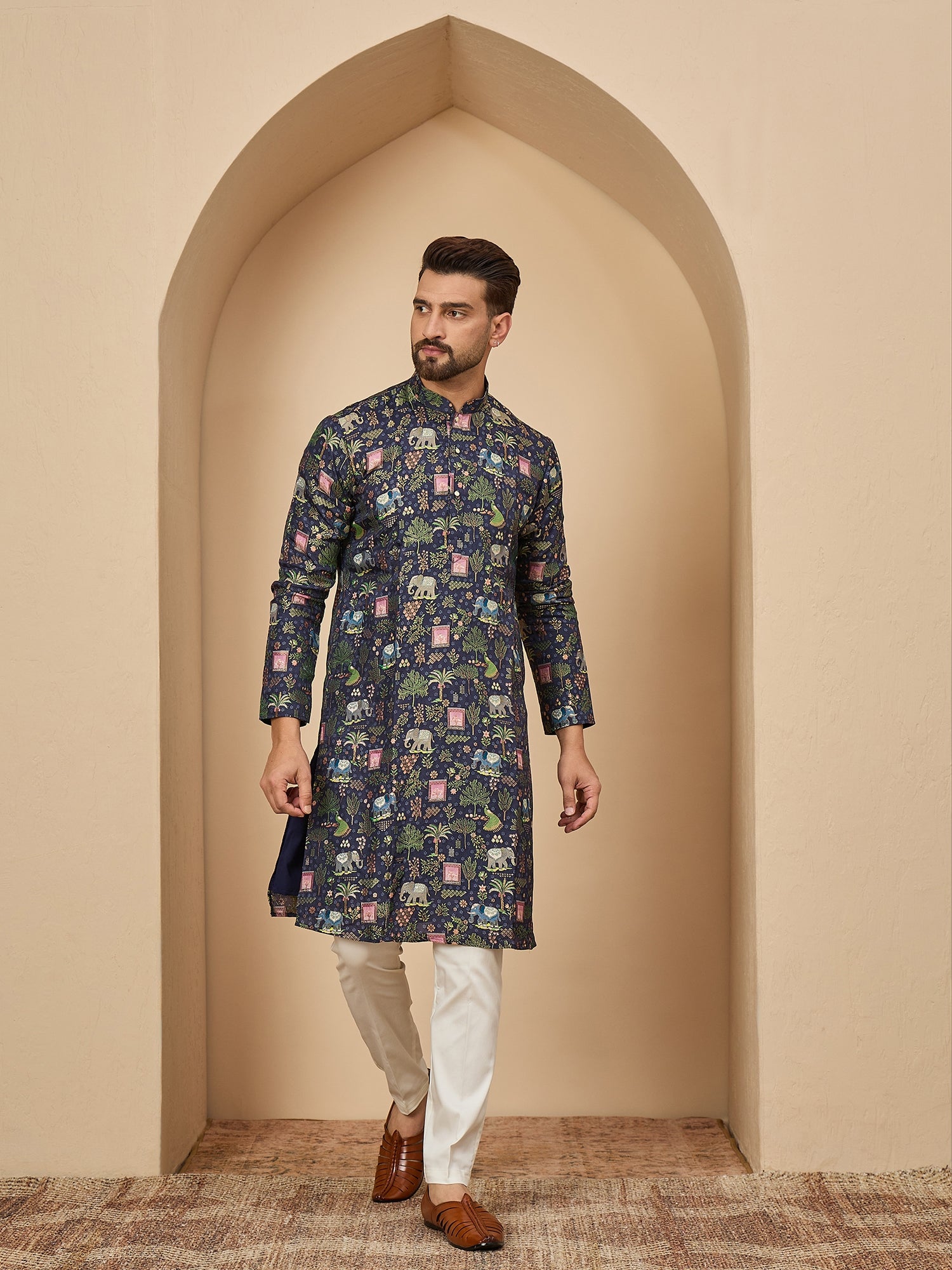 Navy Blue Brocket Soft Silk Kurta Trouser Set