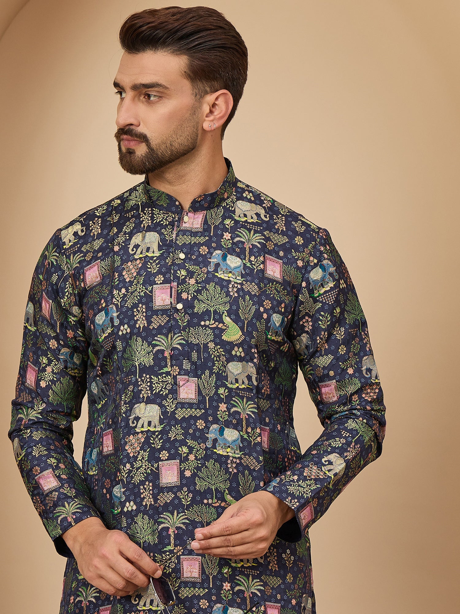 Navy Blue Brocket Soft Silk Kurta Trouser Set