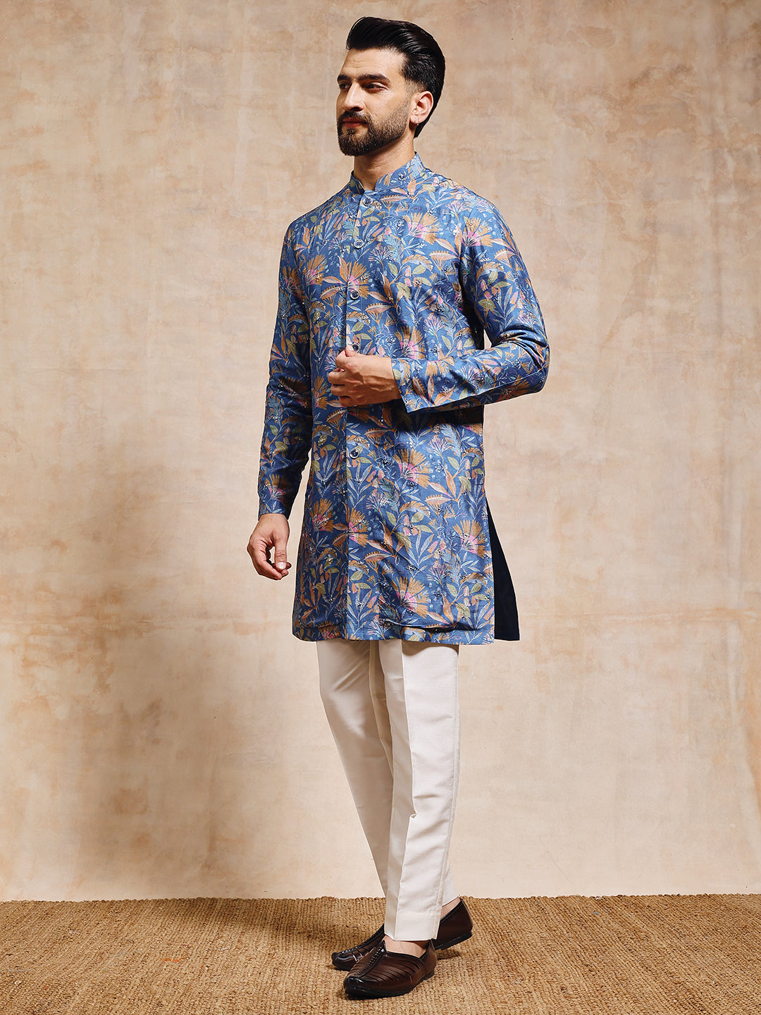 Magnet Men's Teal Blue Tusser Silk with Mirror Work Kurta Trouser Set