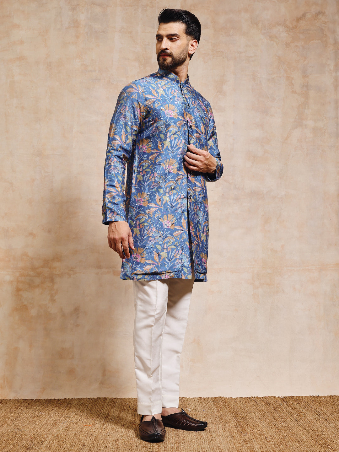 Magnet Men's Teal Blue Tusser Silk with Mirror Work Kurta Trouser Set