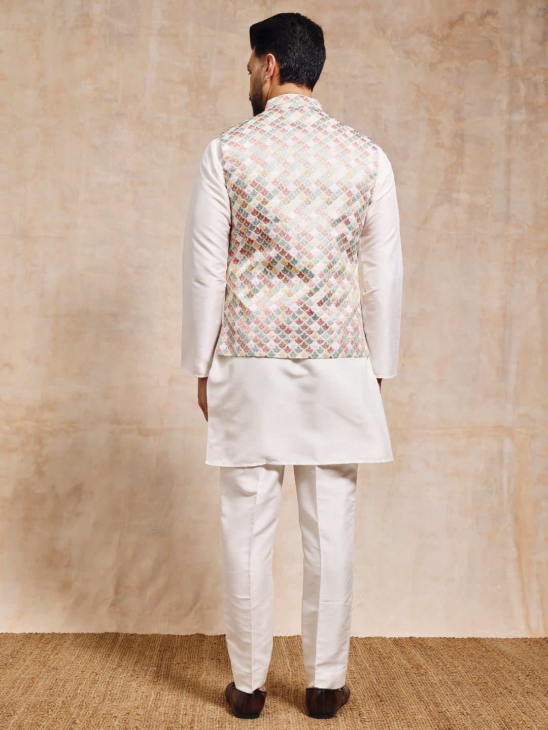 Magnet Men's Multi White Nehru Jacket Set
