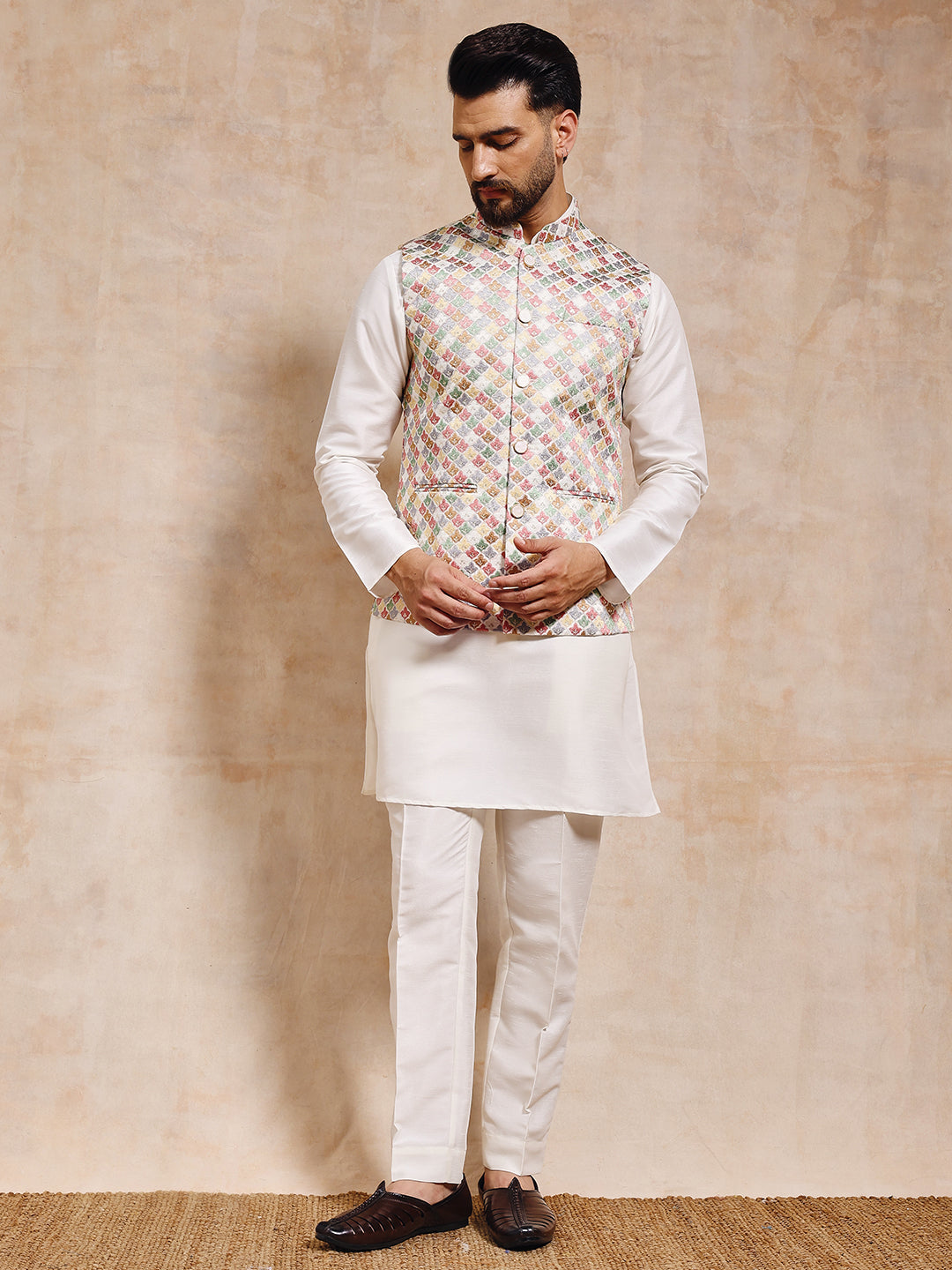 Magnet Men's Multi White Nehru Jacket Set